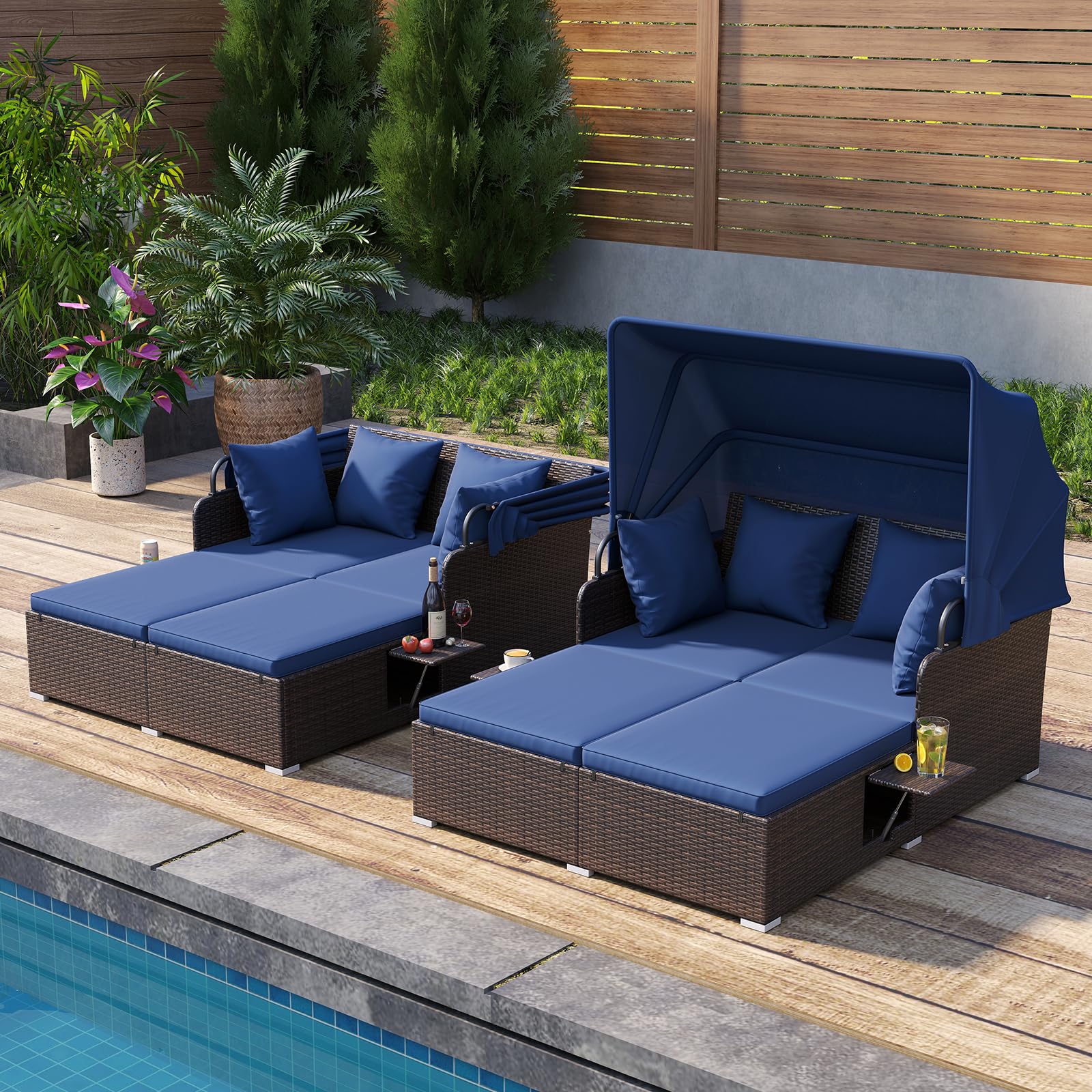 Tangkula Patio Rattan Daybed with Retractable Canopy, Outdoor Wicker Sunbed Lounger with 2 Foldable Side Tables, Thick Seat & Back Cushions, Outside Double Daybed for Garden, Backyard, Porch