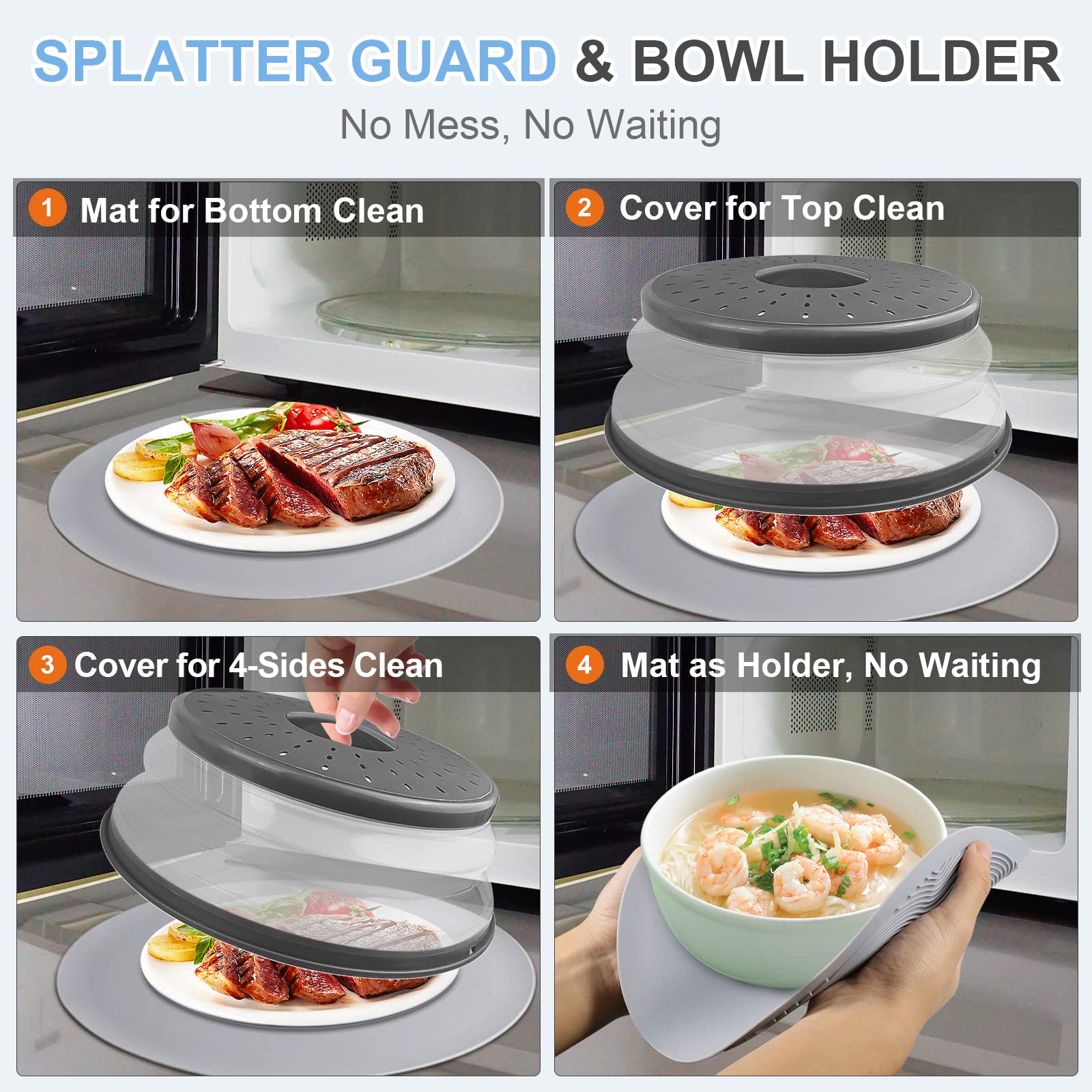 LekDrok 10 Inch Microwave Food Cover & Collapsible Silicone Mat - Splatter Guard, Plate Holder & Kitchen Colander for Meal Prep, Charcoal