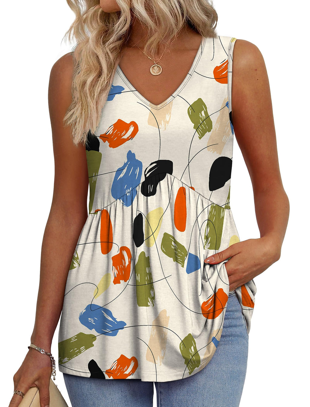 OFEEFAN Womens Tank Tops 2025 Flowy Peplum Tops for Women Dressy Sleeveless V Neck Babydoll Tank Tops
