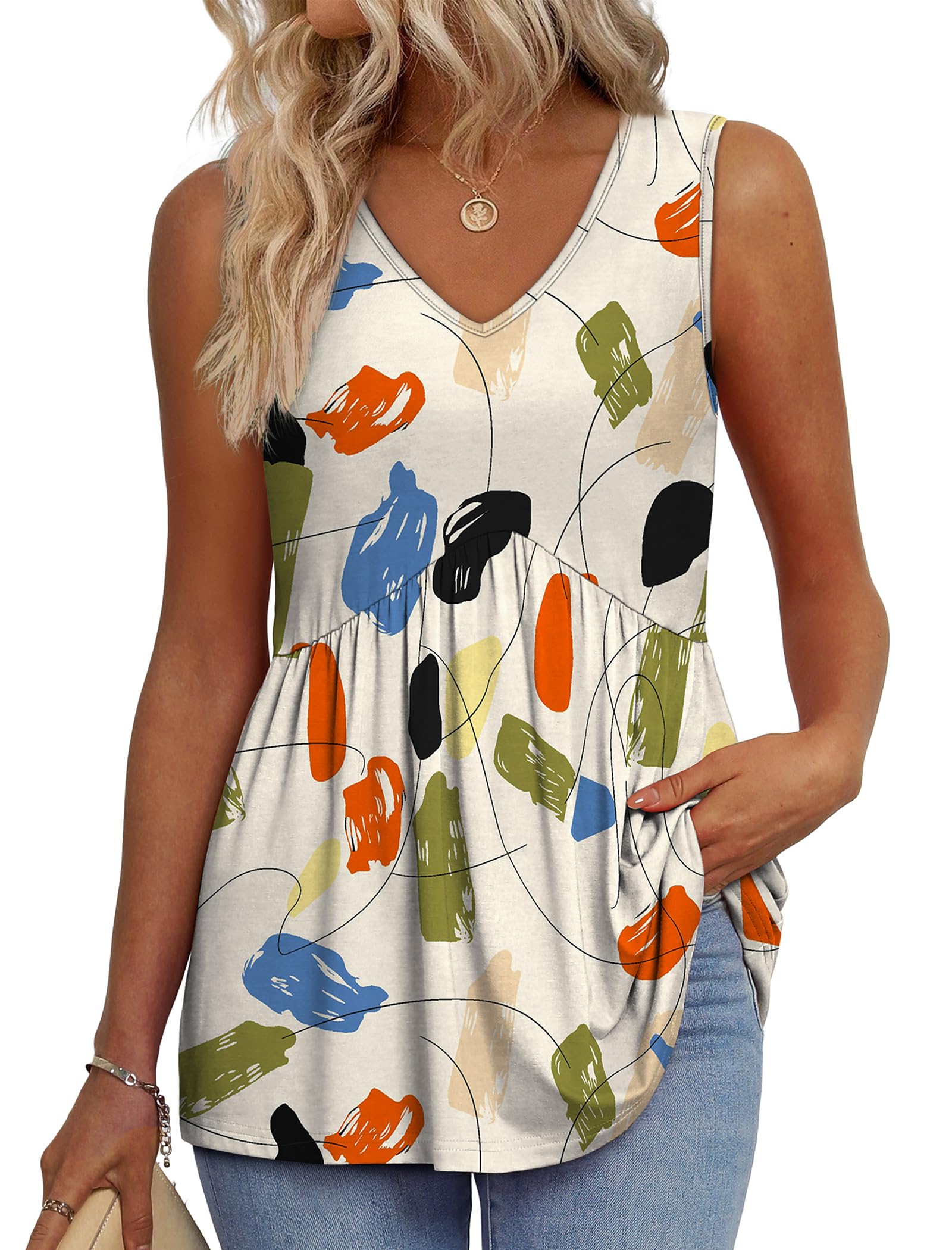 OFEEFAN Womens Tank Tops 2025 Flowy Peplum Tops for Women Dressy Sleeveless V Neck Babydoll Tank Tops