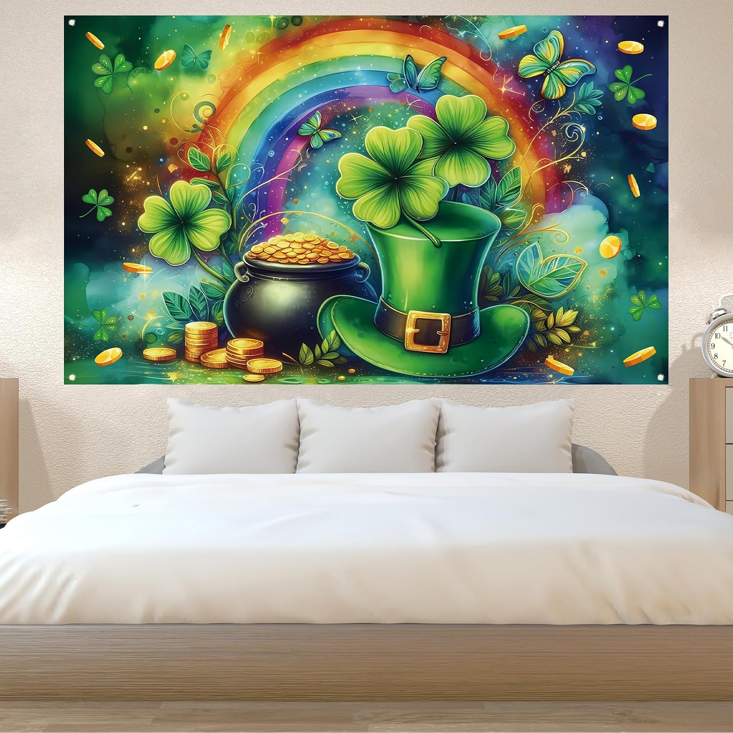 Happy St Patricks Day Photo Backdrop Rainbow Gold Coins Green Shamrock Lucky Clover Banner St. Patrick's Day Party Decorations and Supplies for Home-71×43''