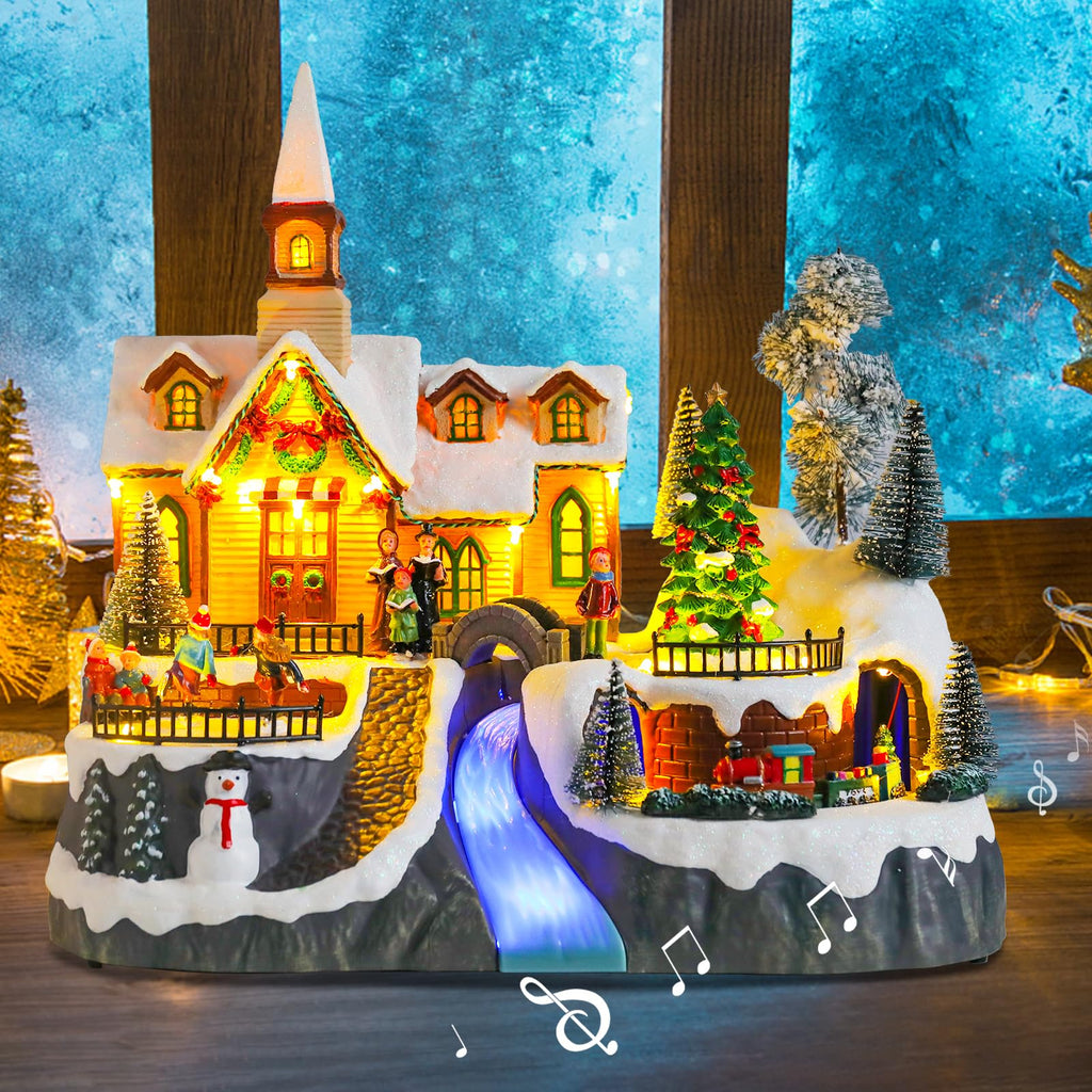 Christmas Village House Musical Christmas Collectible Buildings Church Train Snowman Children Skating with LED Lights Vacation Village with USB Indoor Figurines Indoor Tabletop Decoration
