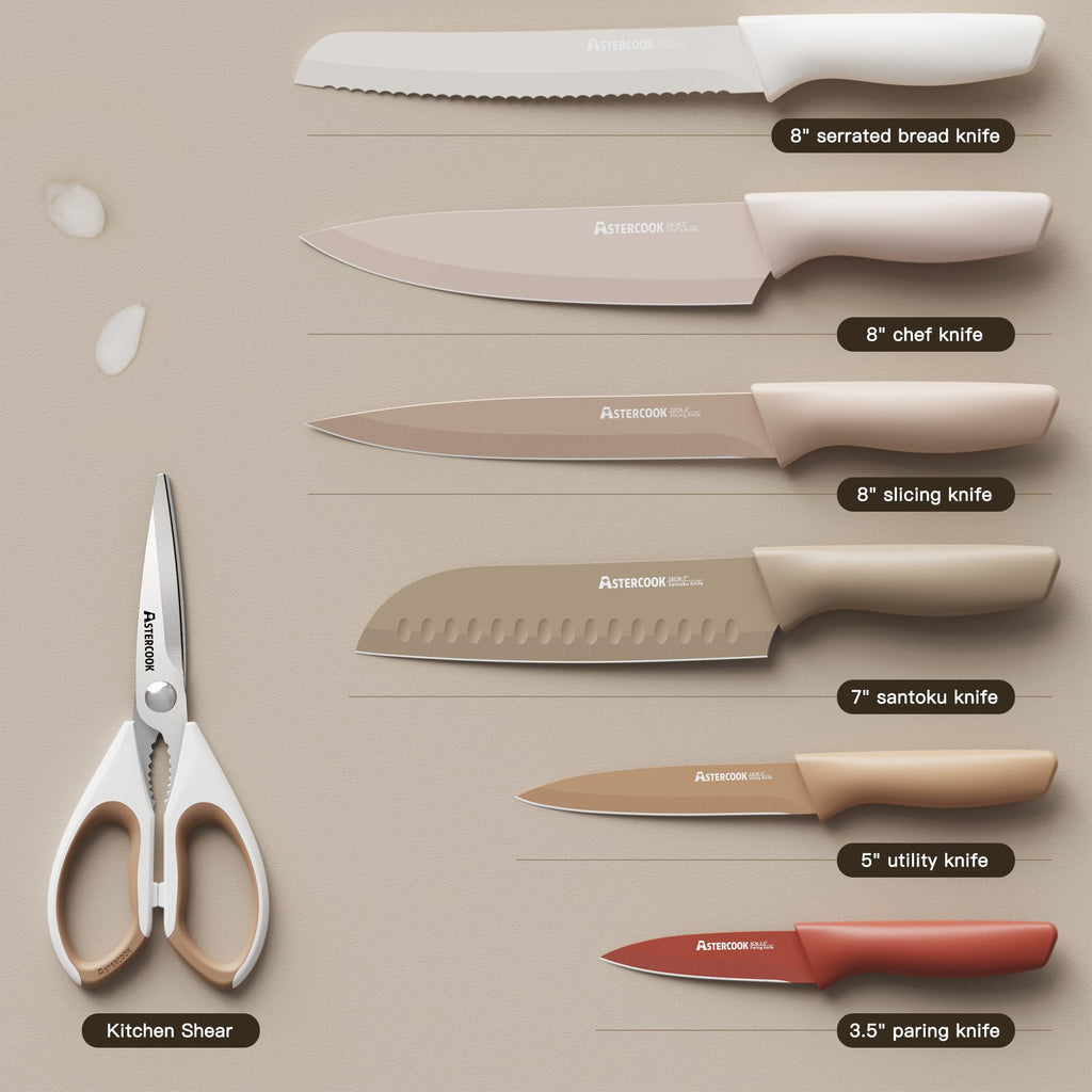 Astercook Knife Set, 13 Pieces Kitchen Knives Set with Healthy Anti-Rust Coating, Dishwasher Safe, Stainless Steel Chef Knife Sets with 6 Blade Guards, Fathers Day Gift for Men