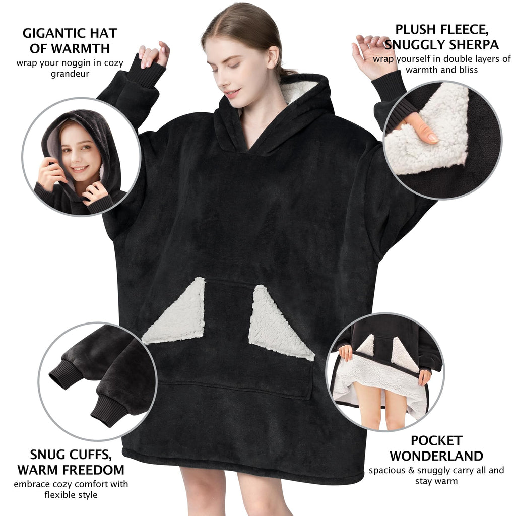 Touchat Wearable Blanket Hoodie, Oversized Sherpa Fleece Sweatshirt Blanket with Giant Hood Pocket and Sleeves for Adult, Warm & Cozy Grey Blanket Gifts for Women