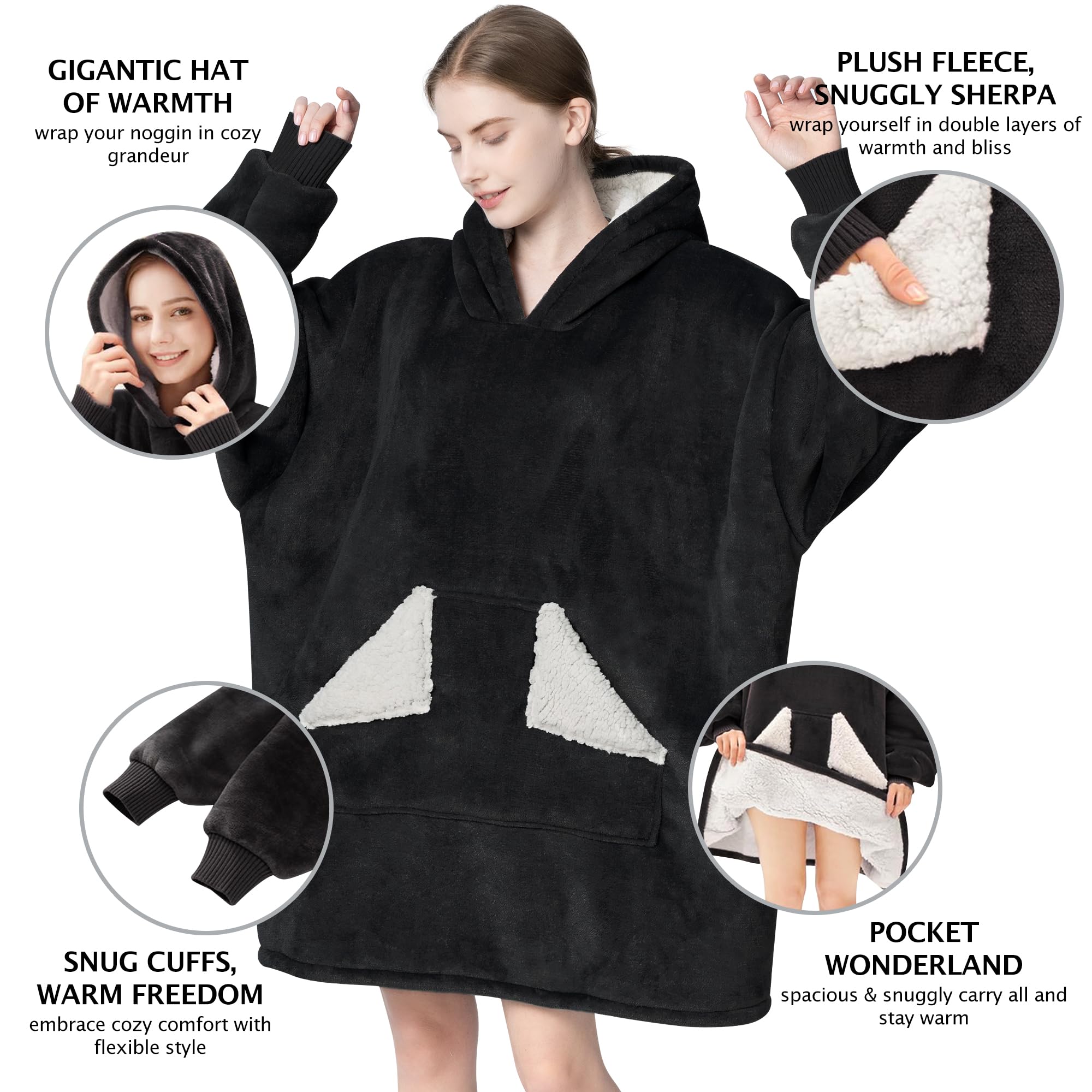 Touchat Wearable Blanket Hoodie, Oversized Sherpa Fleece Sweatshirt Blanket with Giant Hood Pocket and Sleeves for Adult, Warm & Cozy Grey Blanket Gifts for Women