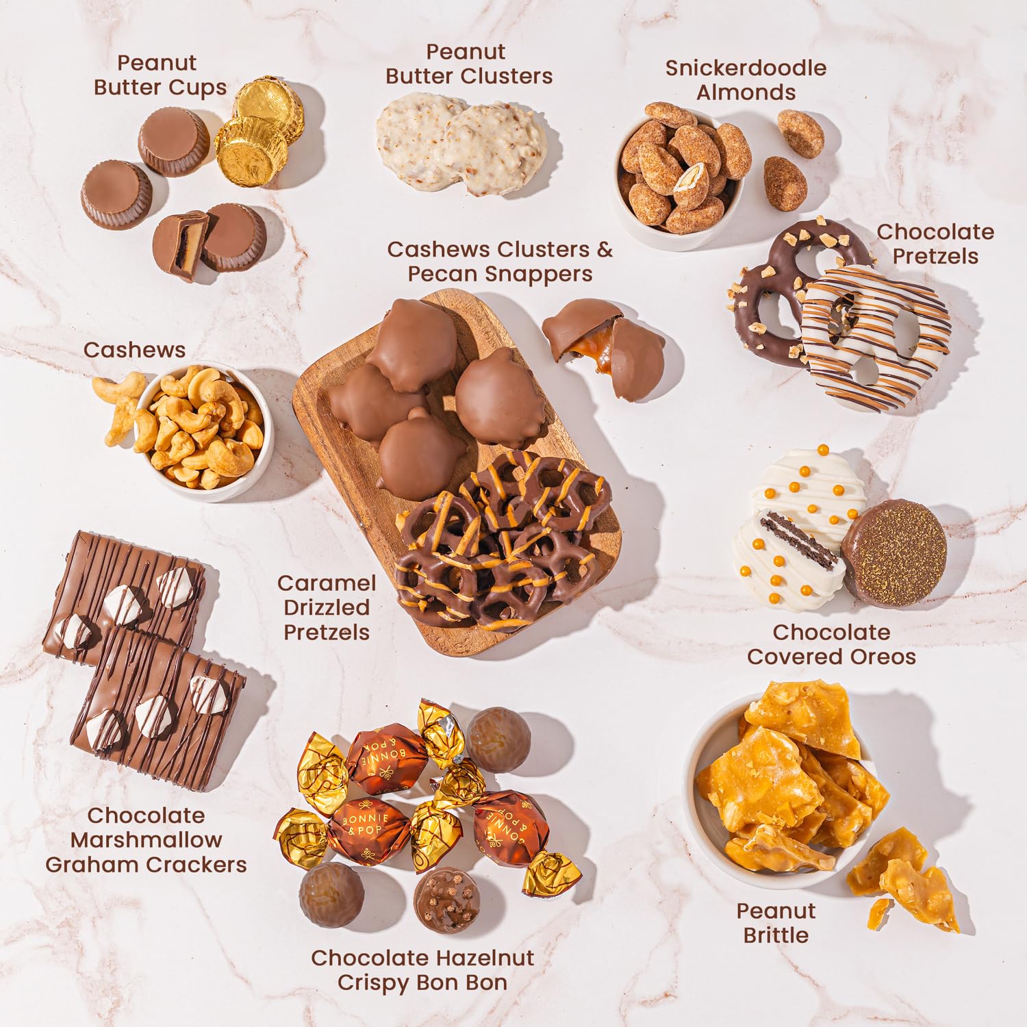 Caramels and Nut Sweet and Savory Gift Basket for Christmas Gifts, Dad, Men, Women, Holiday Parties | Gourmet Holiday Snack Tin Box | Churro Cinnamon and Sugar Pretzels | Sea Salt Caramels and Brittle| Prime Delivery Gift | Bonnie & Pop
