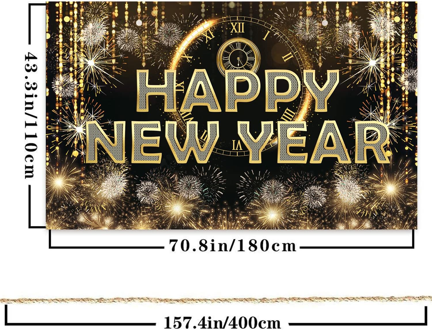 HAPPY NEW YEAR Hanging Extra Large Fabric Sign Poster Black Background Banner with Firework Pattern for New year Party Decorations