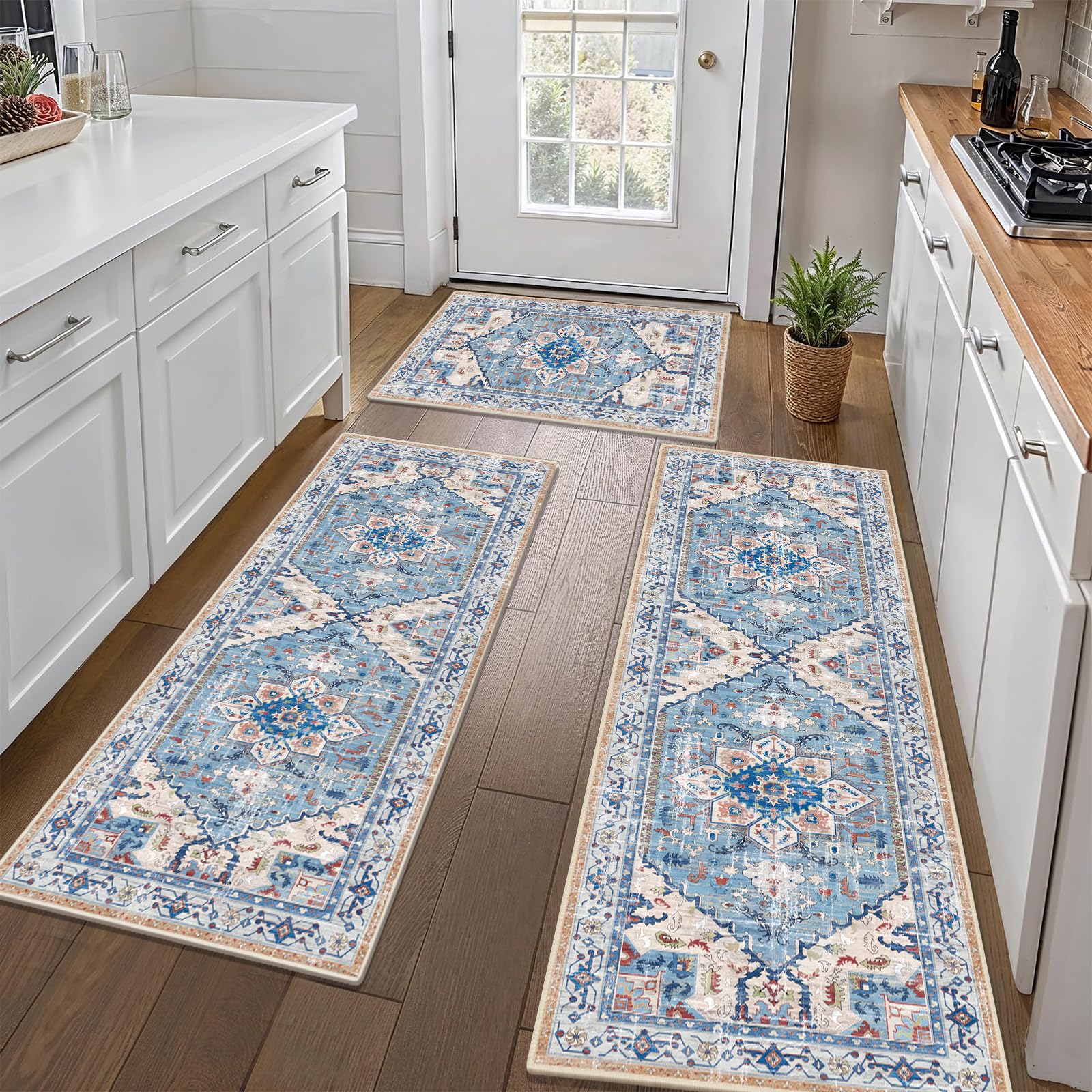 Yamaziot Christmas Kitchen Rugs Sets of 3, Non Slip Kitchen Mats for Floor with Rubber Backing, Holiday Christmas Snowflake Runner Rug Decor Home Decorations for Kitchen, Laundry Room, Hallway