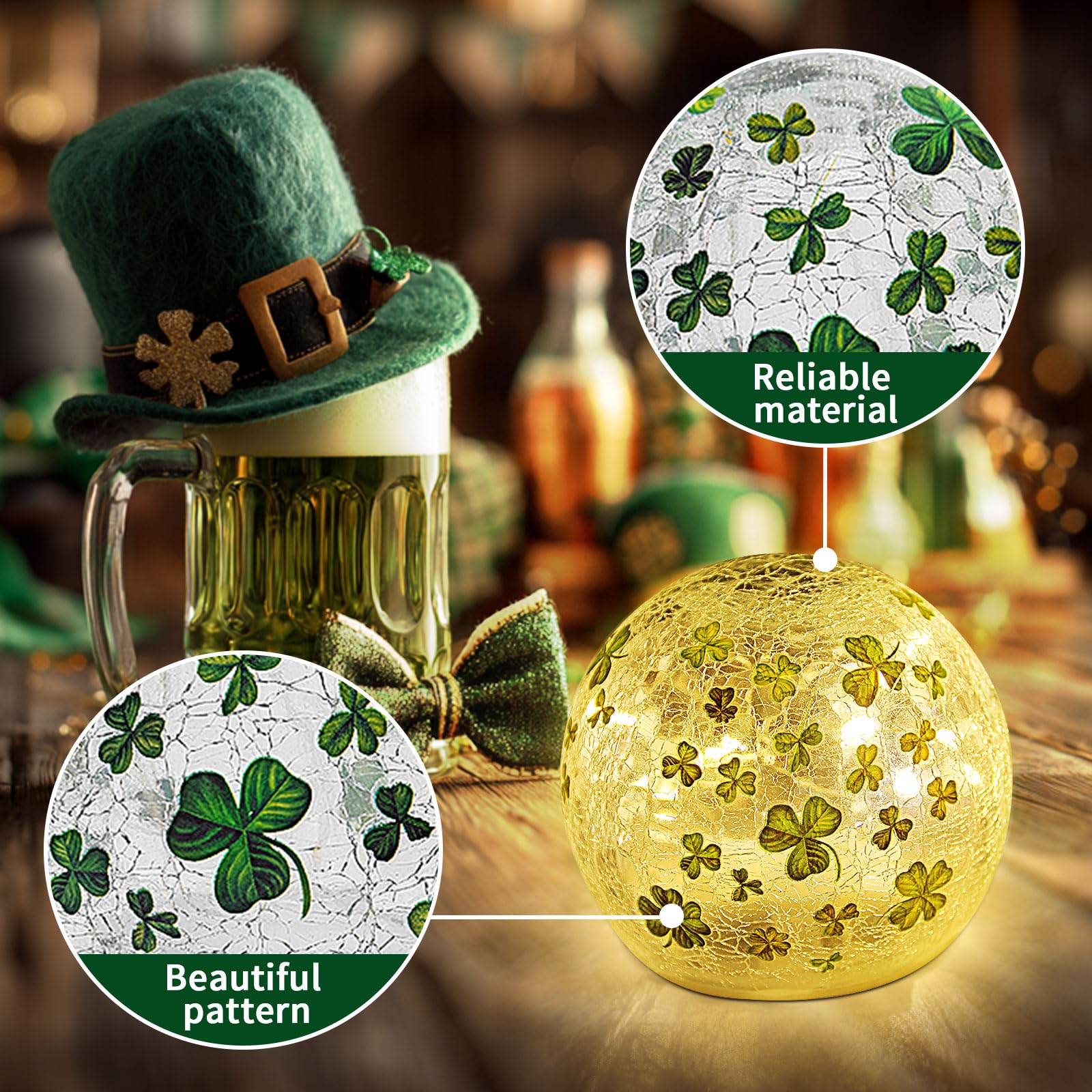 St Patricks Day Decorations Lights, Lighted Glass Ball Tabletop Irish Decor LED Night Light with Clover Pattern,Irish DIecorations for Home (2PCS3.93'')