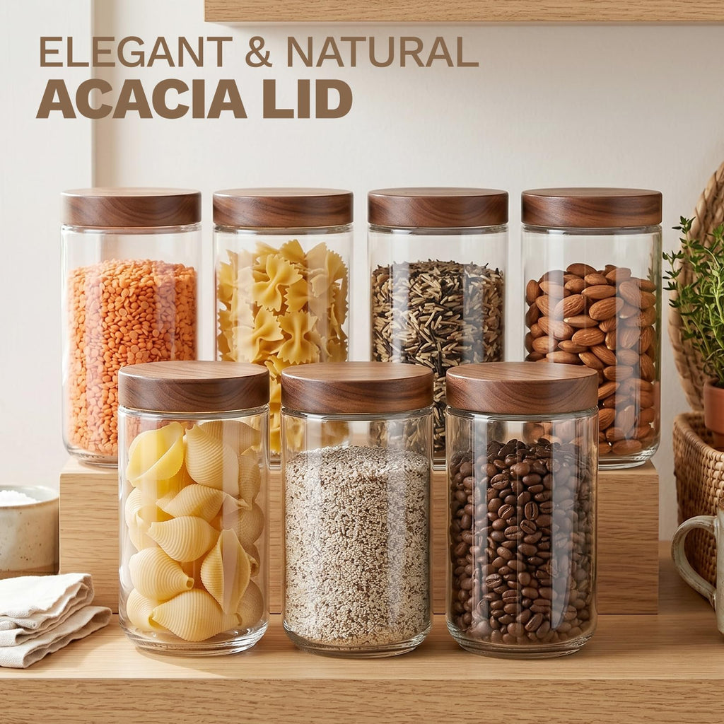 Bumobum 10 oz Small Glass Jars with Lids, Glass Container with Acacia Wood Airtight Lid, Wide Mouth Canisters for Chia Pudding Loose Tea Coffee Meal Prep Parfait Salad Snacks Yogurt Spice, 4-Pack