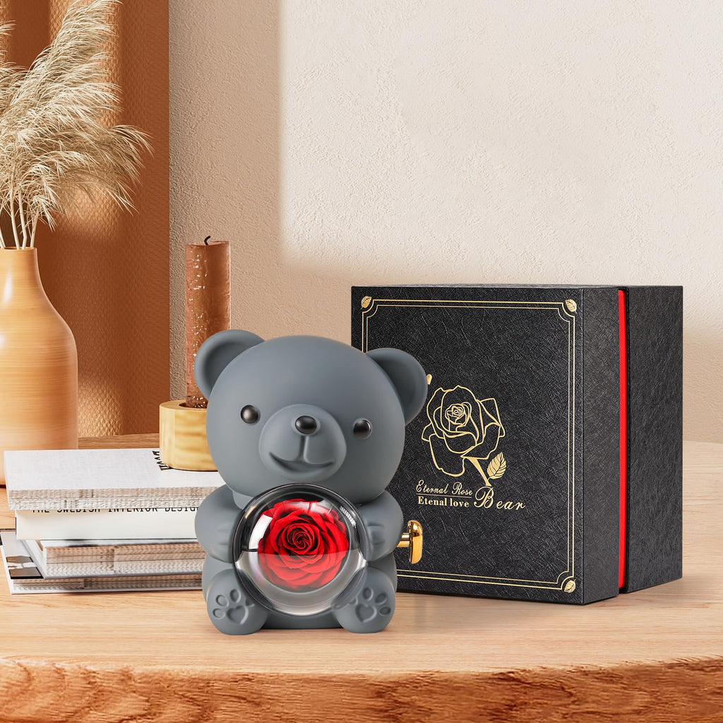 Cute Teddy Bear with Preserved Rose - A Real Rose Flower in Bear with Elegant Gift Box - Romantic Gift for Her in Mother's Day, Weddings, Anniversaries, and Bridal Showers (Red)