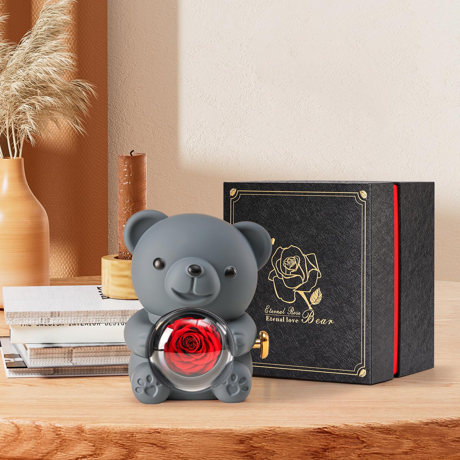Cute Teddy Bear with Preserved Rose - A Real Rose Flower in Bear with Elegant Gift Box - Romantic Gift for Her in Mother's Day, Weddings, Anniversaries, and Bridal Showers (Red)