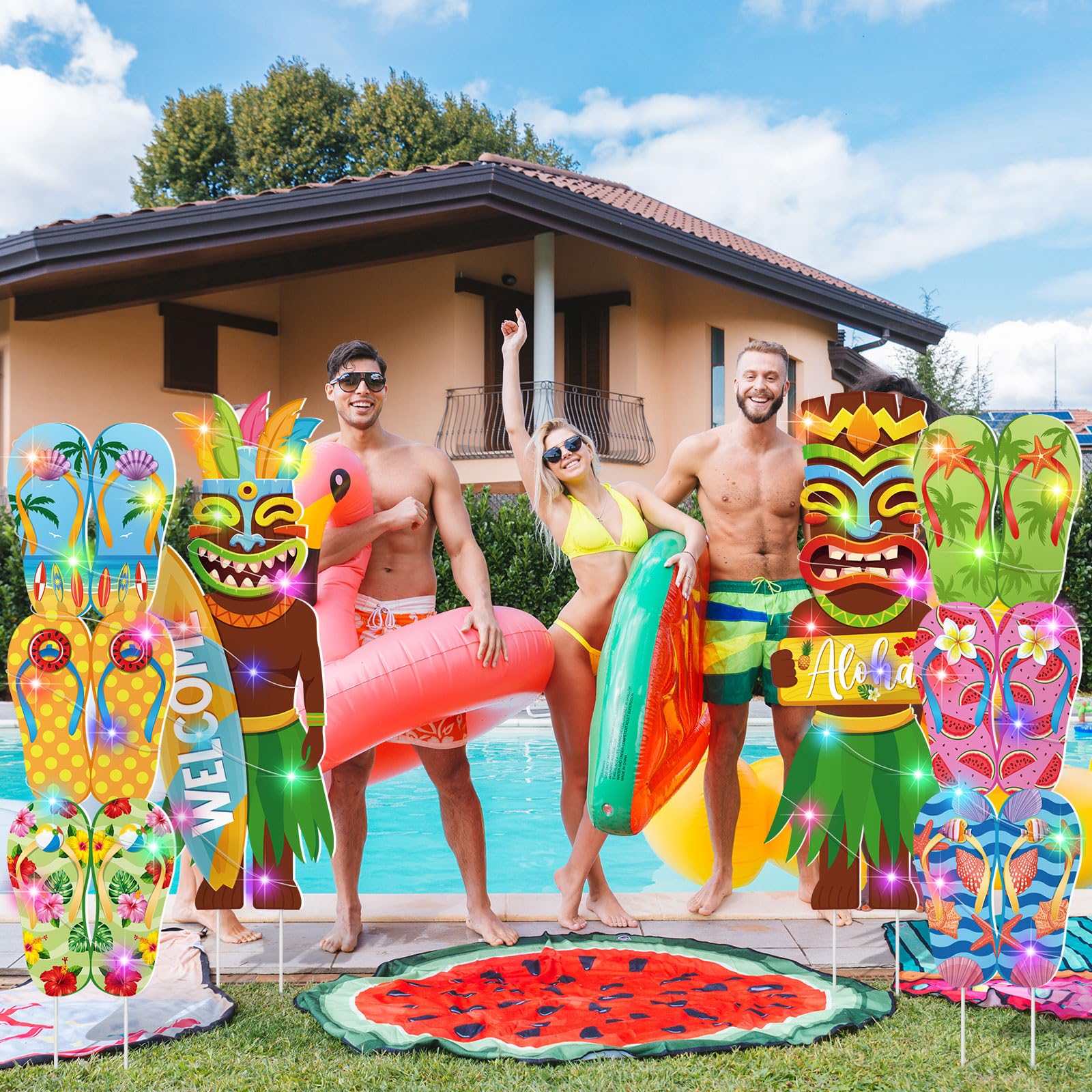 Bencailor 4 Pcs Summer Outdoor Yard Decoration Summer Beach Pool Yard Signs with Stakes LED Hawaiian Themed Party Supplies Beach Ball Surfboard Slipper Decor for Outdoor Lawn Garden Patio