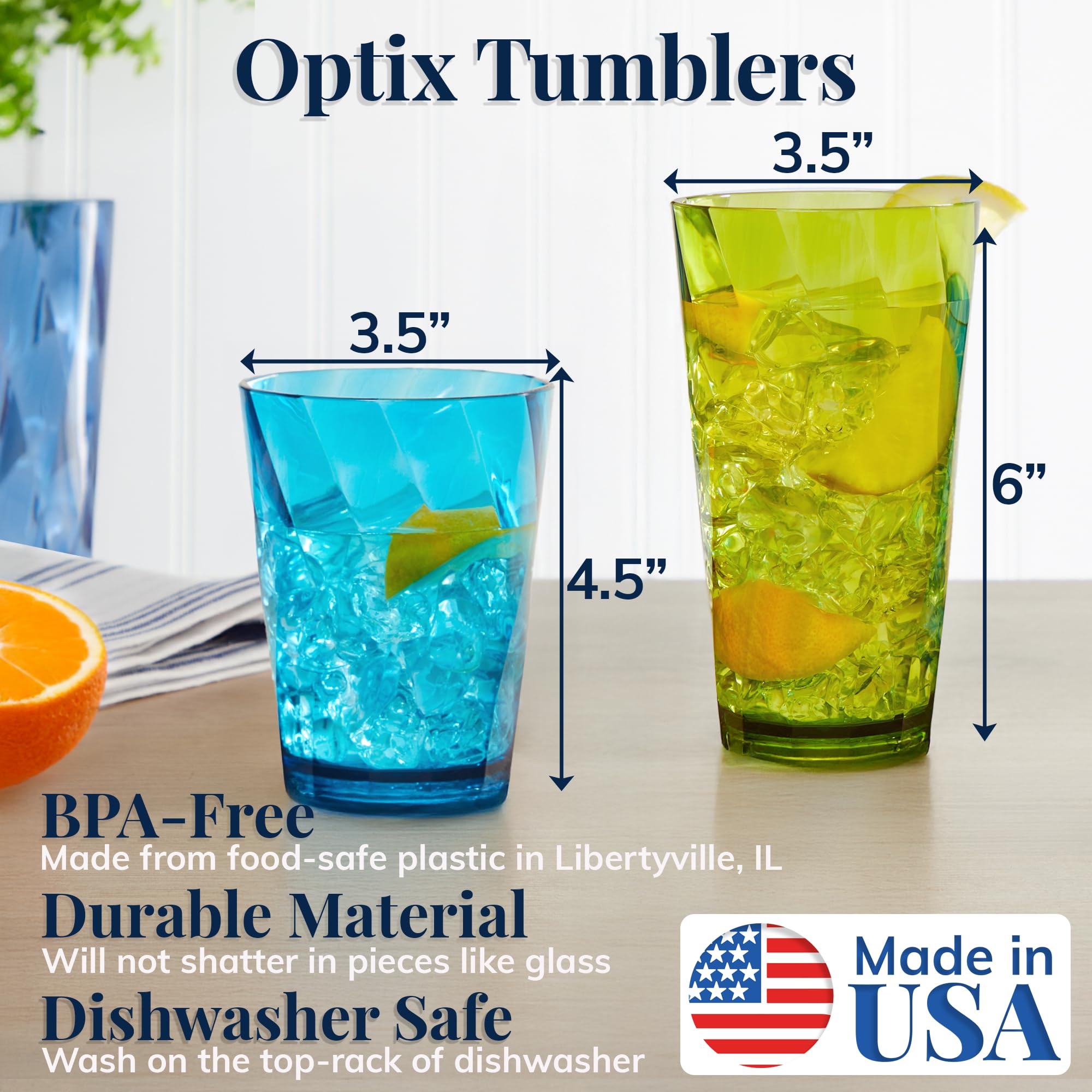 US Acrylic Optix Plastic Reusable Drinking Glasses (Set of 8) 20oz Water Cups in Jewel Tone Colors | BPA-Free Tumblers, Made in USA | Top-Rack Dishwasher Safe