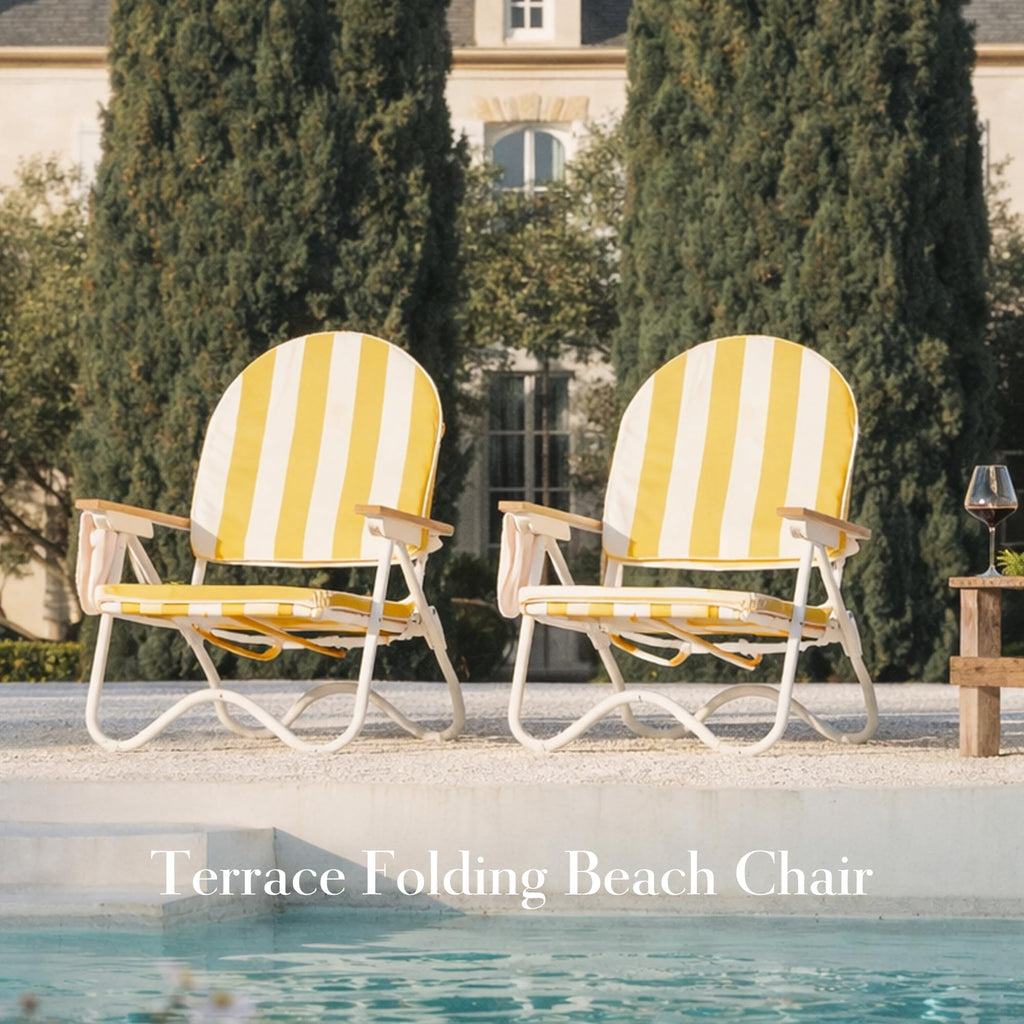 Padded Low Beach Chair, 4-Position Folding Outdoor Chair with Wooden Armrests, Cushioned Seat, Storage Pouch & Carry Strap for Beach, Patio and Lawn, Cala Serena Ochre Stripe