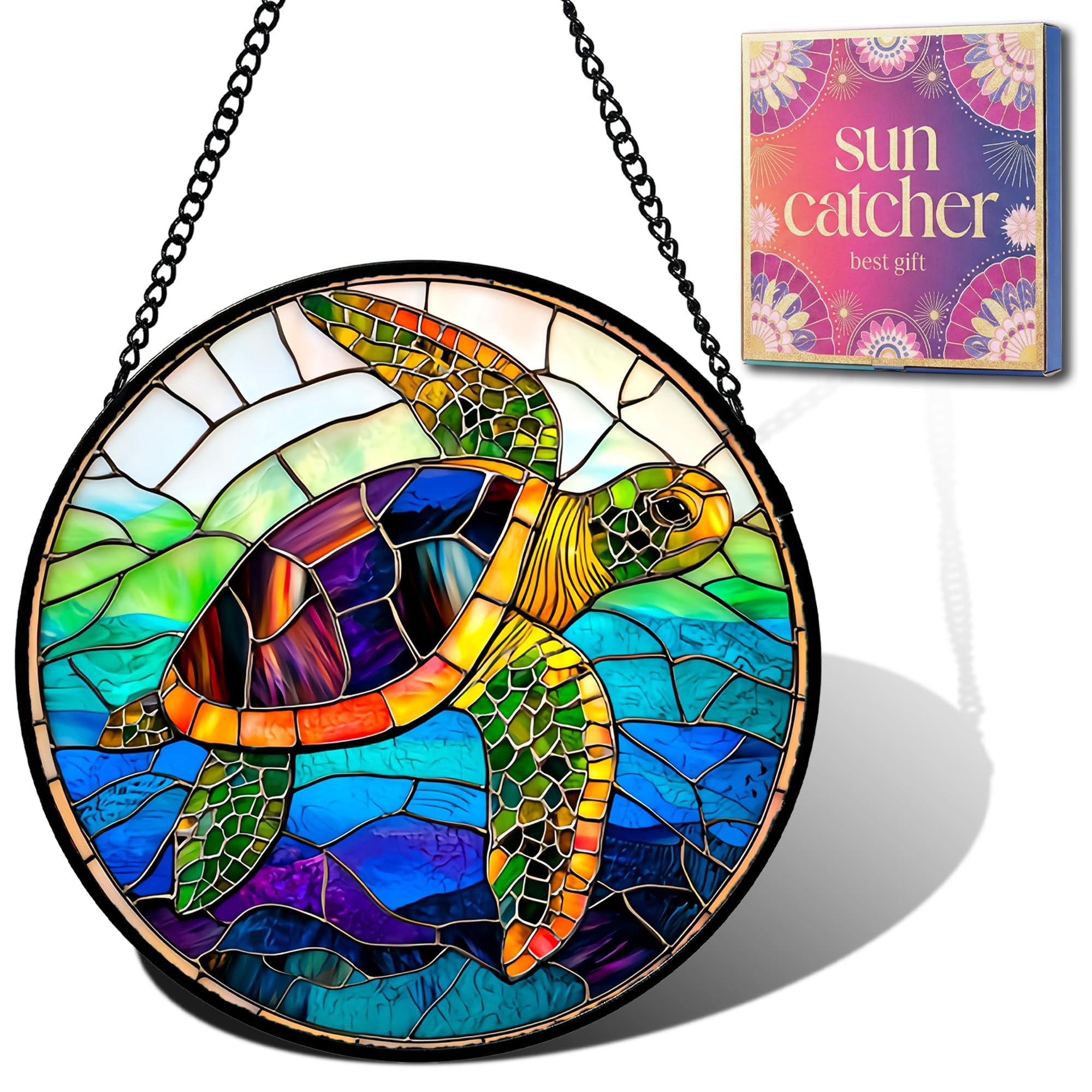 Birthday Gifts for Women - Beach Shell Faux Stained Glass Window Hanging Sun Catcher for Door Garden Acrylic Ocean Decor Mother's Day Christmas for Mom Men Nana Grandma Sisters 6.3"