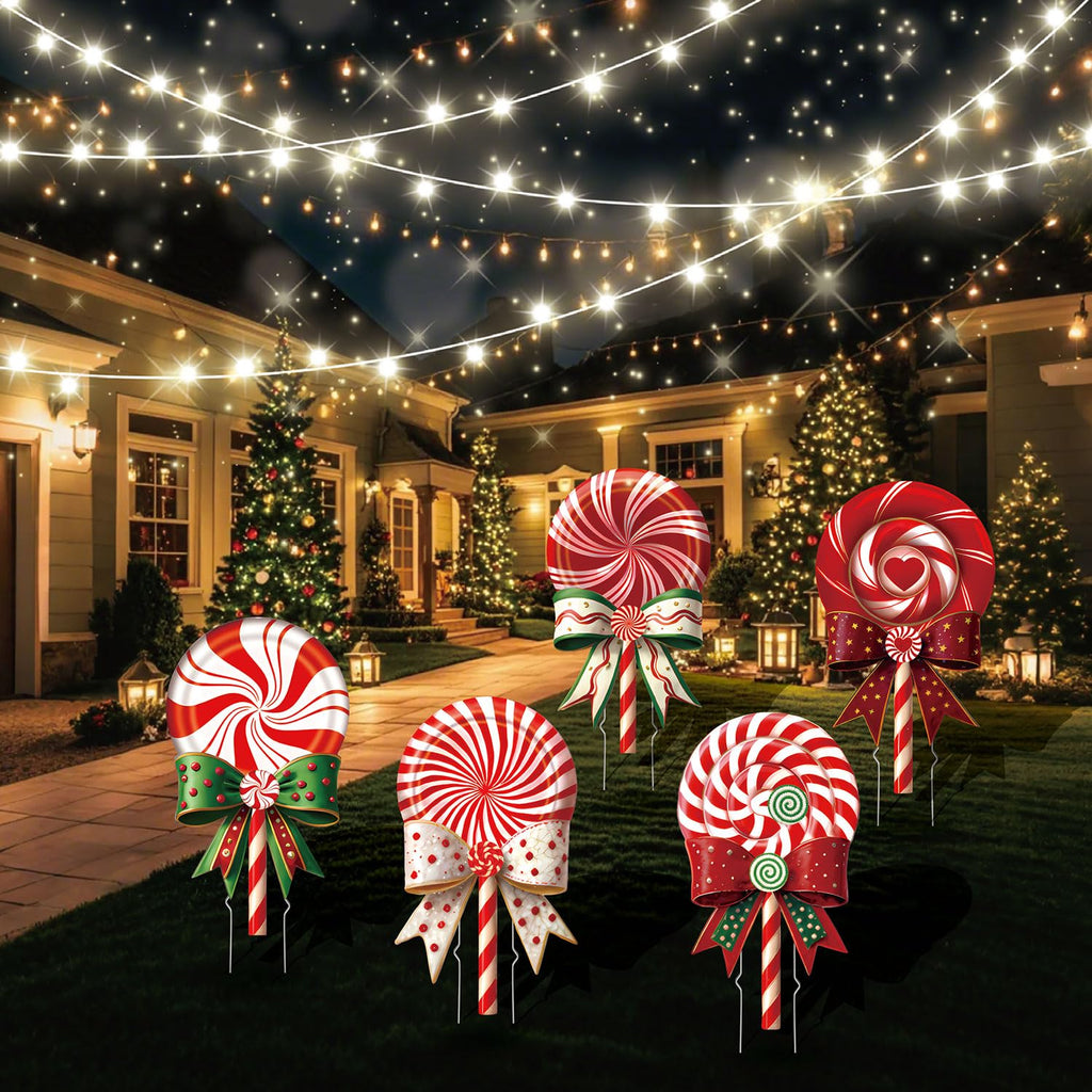 33" Christmas Decorations Outdoor Candy Christmas Decorations, 2ct Large Tall Outdoor Stake Signs 4 Interlocking PP Panels with H-Brackets Fiberglass Rods for Lawn Pathway Xmas Party