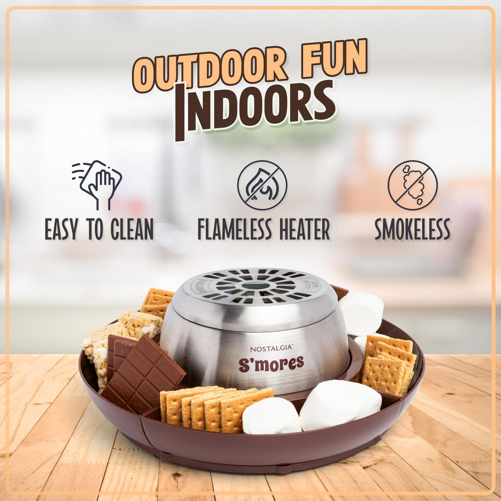 Nostalgia Tabletop Indoor Electric S'mores Maker - Smores Kit With Marshmallow Roasting Sticks and 4 Trays for Graham Crackers, Chocolate, and Marshmallows - Movie Night Supplies - Brown