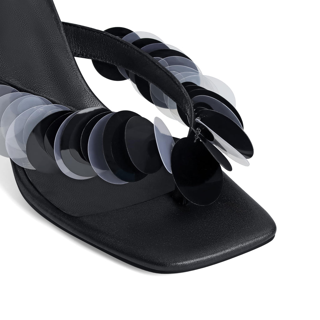 Flip Flop Heels for Women Square Open Strappy Heels Dressy Kitten Heeled Sandals with Plastic Disc Straps Comfortable Slip on Thong Slide