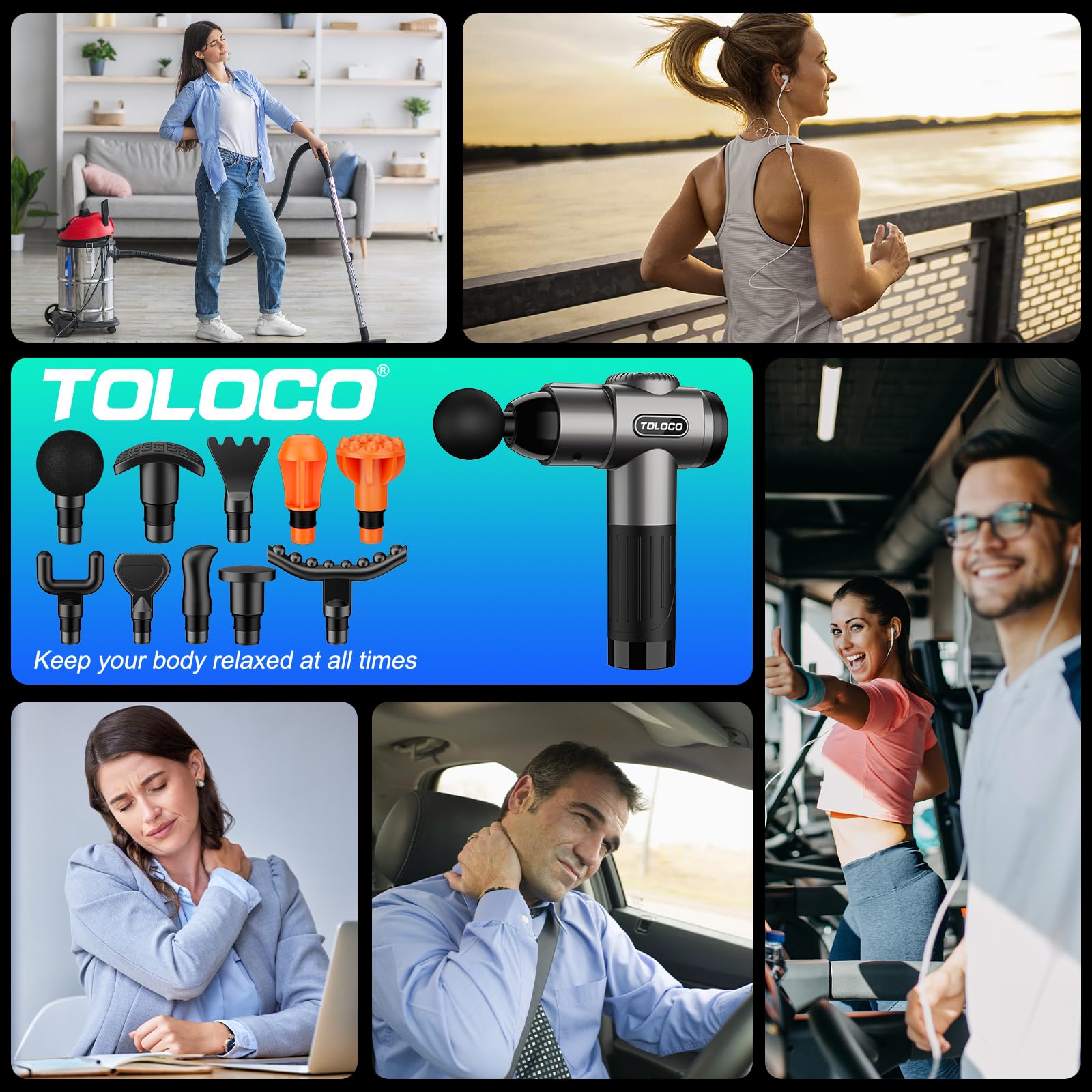 TOLOCO Massage Gun, Deep Tissue Back Massage for Athletes for Pain Relief, Percussion Massager with 10 Massages Heads & Silent Brushless Motor, Fathers Day Dad Gifts, Black