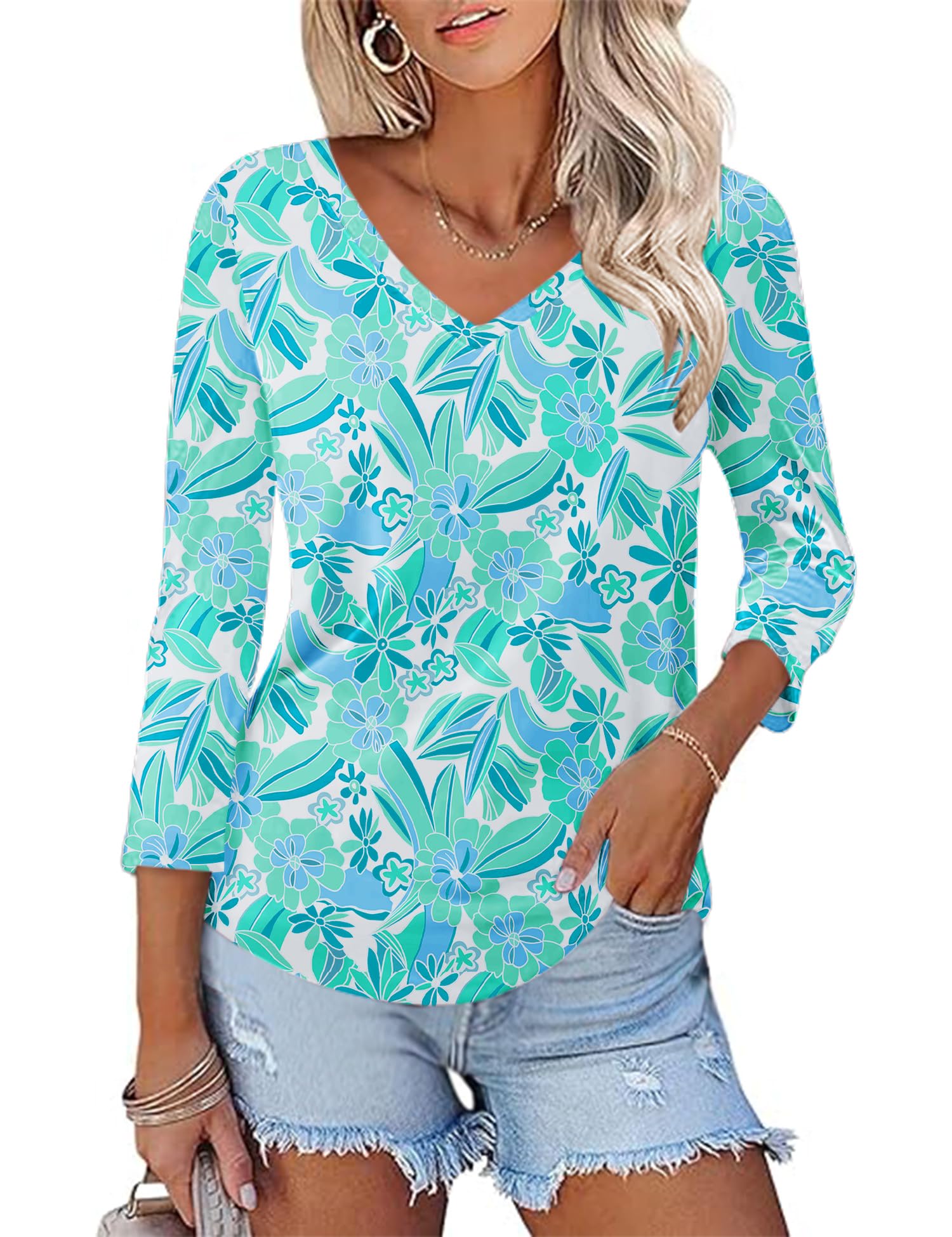 KTILG Women's V Neck T Shirts 3/4 Sleeve Blouse Summer Tops Dressy Casual Solid Basic Tees