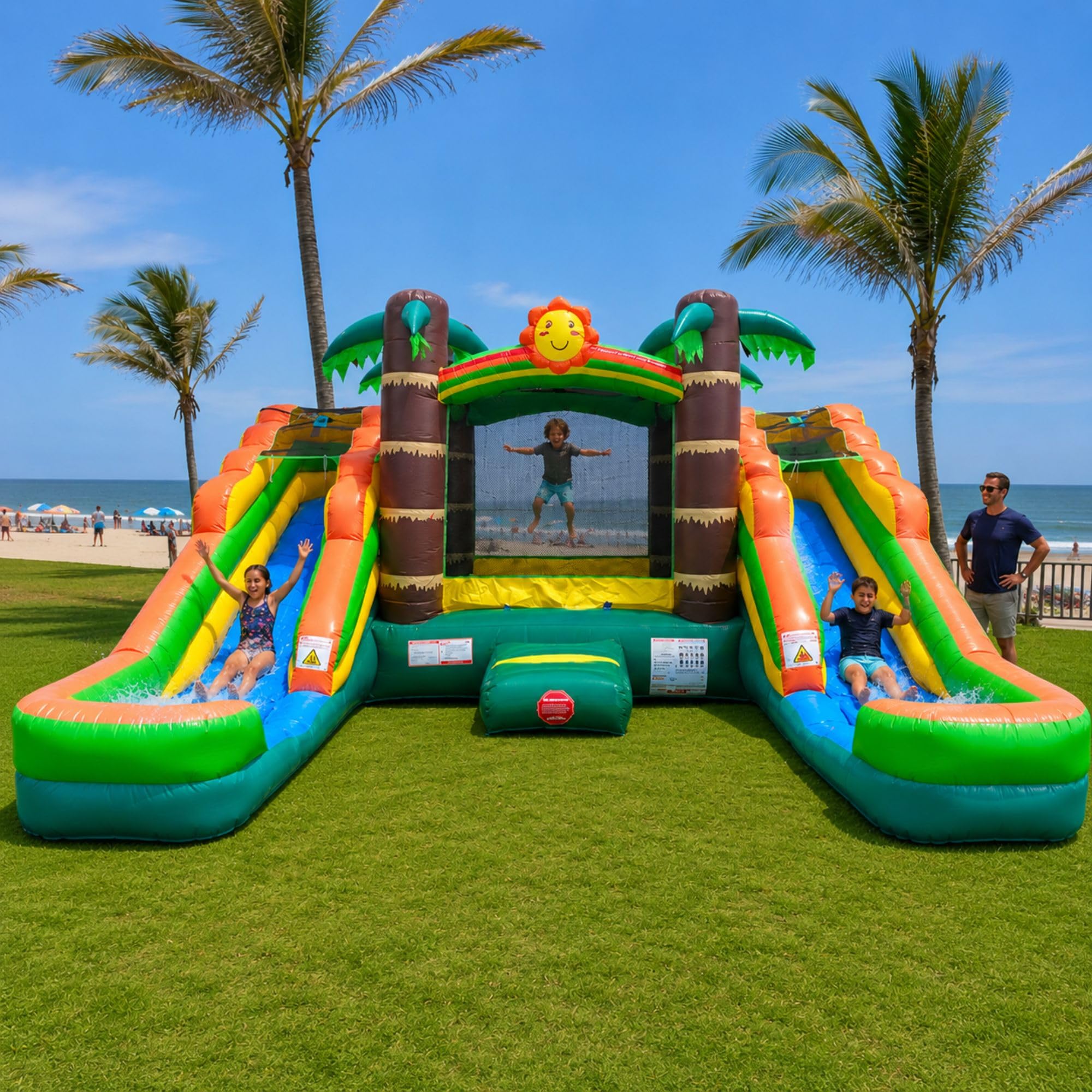 Crossover Tropical Double Water Slide Bounce House Combo, 16.5 x 15 x 11 Foot, PVC Vinyl Inflatable Bouncy House for Kids, Wet or Dry Slides, with Stakes, Storage Bag and 1 HP Blower