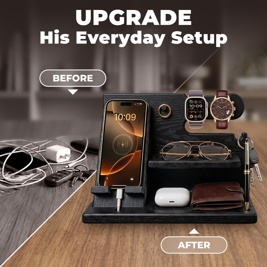 TESLYAR Wood Phone Docking Station for Men - Desk or Nightstand Organizer - Birthday Gifts for Husband, Dad - Anniversary Idea from Wife - Key Holder, Stand Wallet, Watch & Essentials (Bourbon Brown)