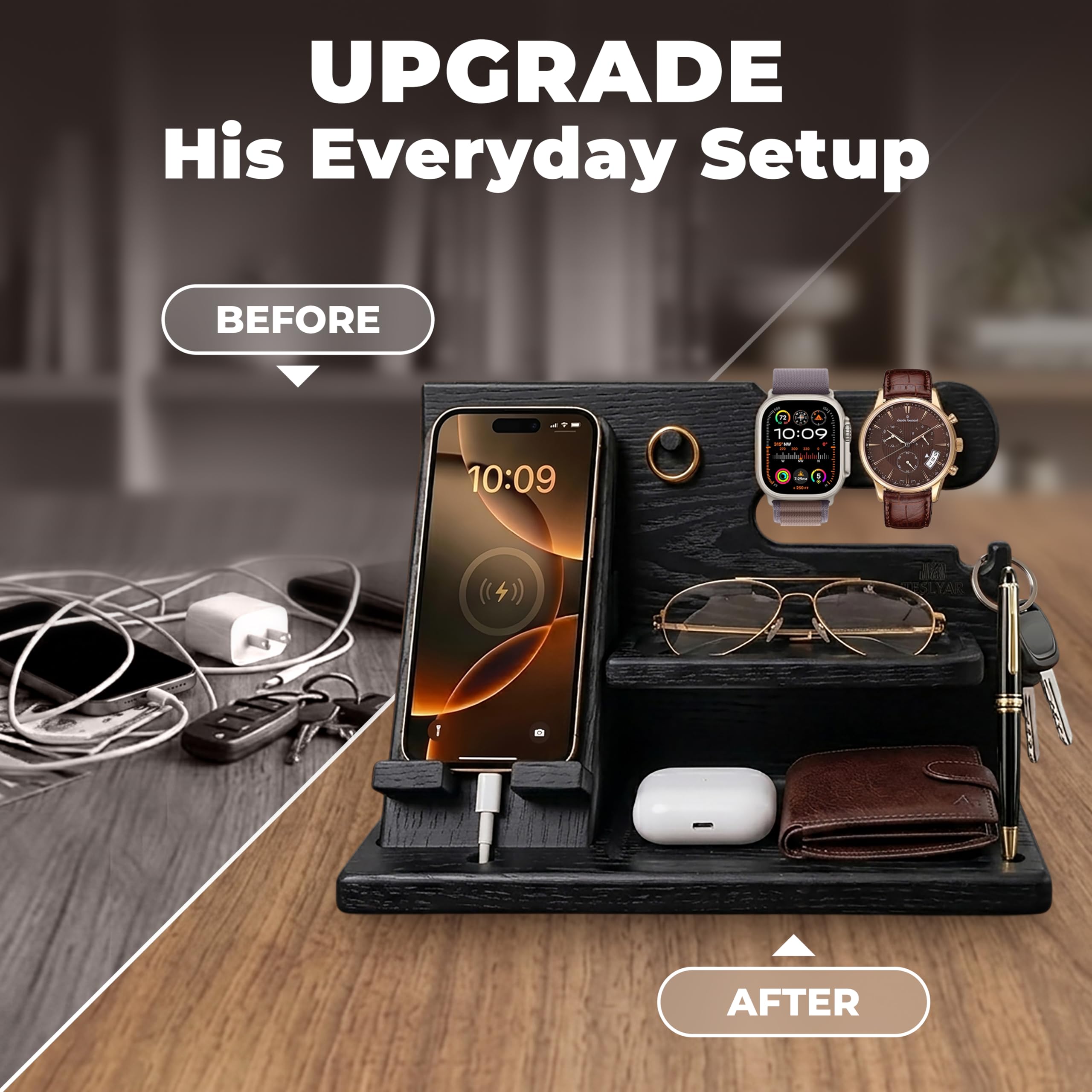 TESLYAR Wood Phone Docking Station for Men - Desk or Nightstand Organizer - Birthday Gifts for Husband, Dad - Anniversary Idea from Wife - Key Holder, Stand Wallet, Watch & Essentials (Bourbon Brown)