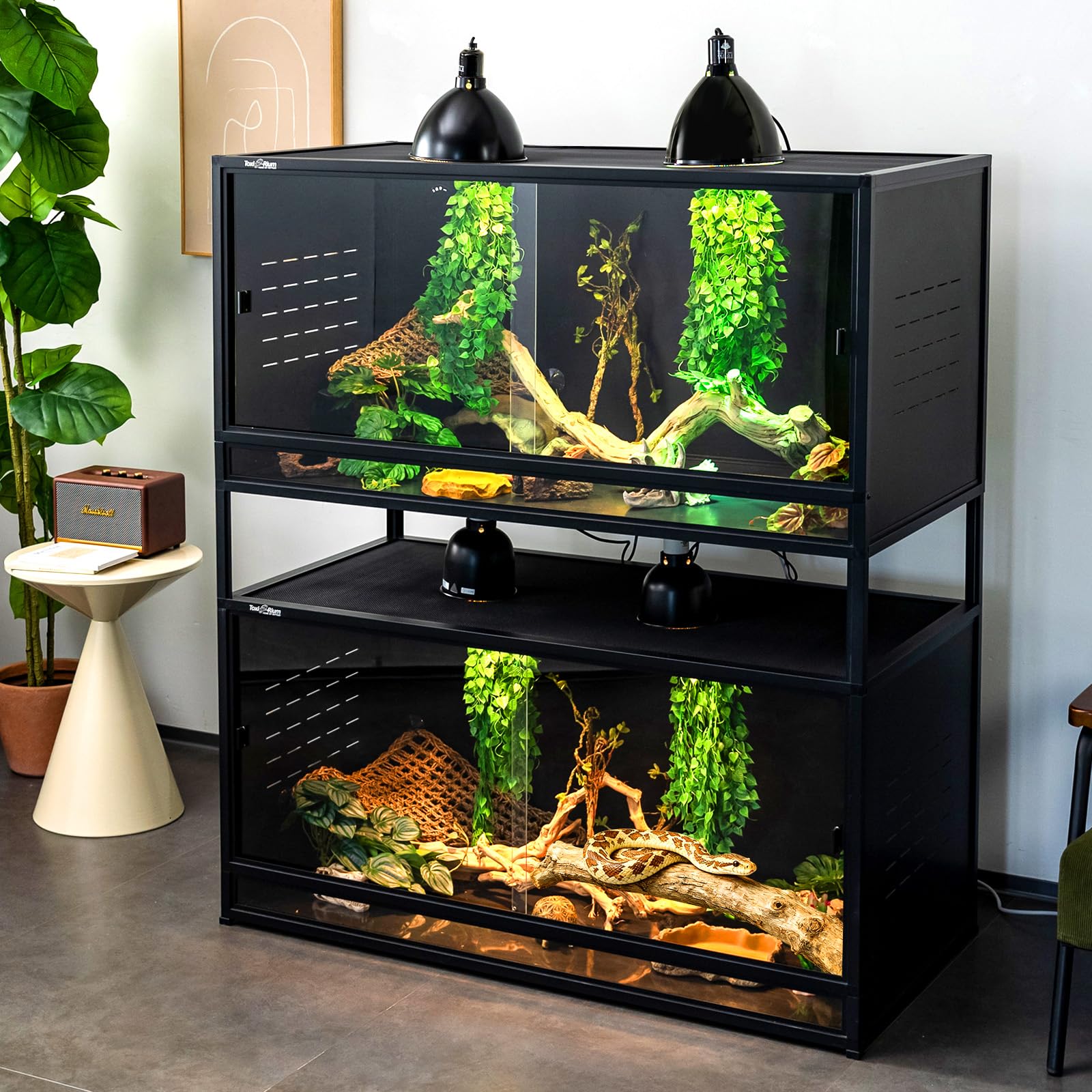 PVC Reptile Enclosure 3 Tier 40"x16"x16" with Spacers, 44 Gallon Reptile Tank Habitat, Space Saving Stackable Reptile Terrarium for Bearded Dragon Gecko Snake Lizard, Sliding Glass Doors Lock