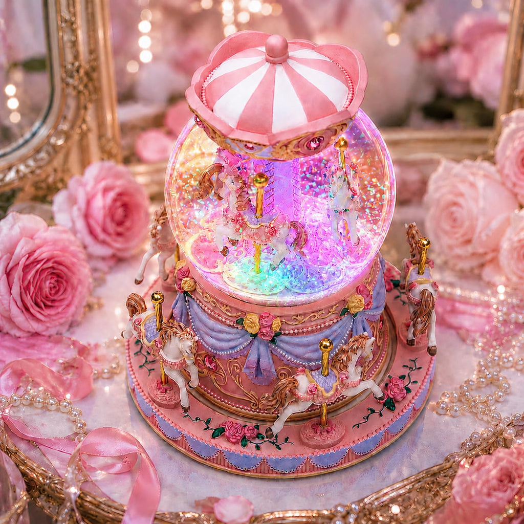 Blue Carousel Snow Globe Music Box with LED Lights, Rotating Horse Merry Go Round, Wind Up Musical Snow Globe Plays You are My Sunshine, Gift for Daughter Granddaughter Mom Women