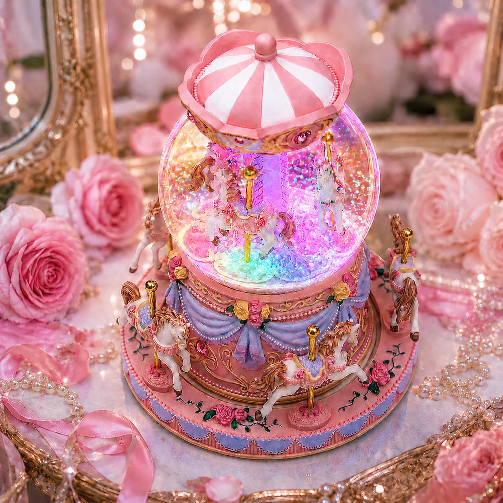 Blue Carousel Snow Globe Music Box with LED Lights, Rotating Horse Merry Go Round, Wind Up Musical Snow Globe Plays You are My Sunshine, Gift for Daughter Granddaughter Mom Women
