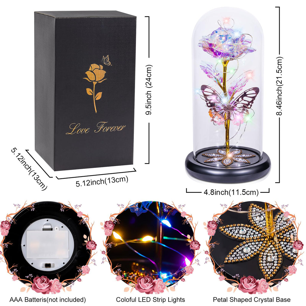 Pusuny Mothers Day Flowers Gifts for Mom Women Birthday Gift Galaxy Glass Rose Forever Eternal Crystal Flowers Rose in Glass Dome with Butterfly Mother's Day Roses Gifts for Mom Daughter Wife Purple