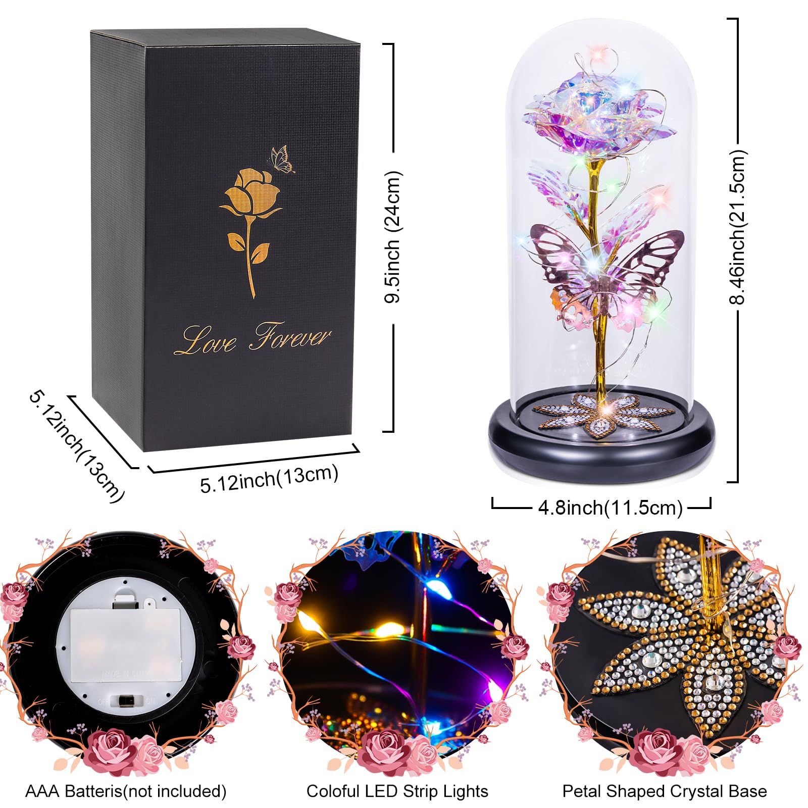 Pusuny Mothers Day Flowers Gifts for Mom Women Birthday Gift Galaxy Glass Rose Forever Eternal Crystal Flowers Rose in Glass Dome with Butterfly Mother's Day Roses Gifts for Mom Daughter Wife Purple