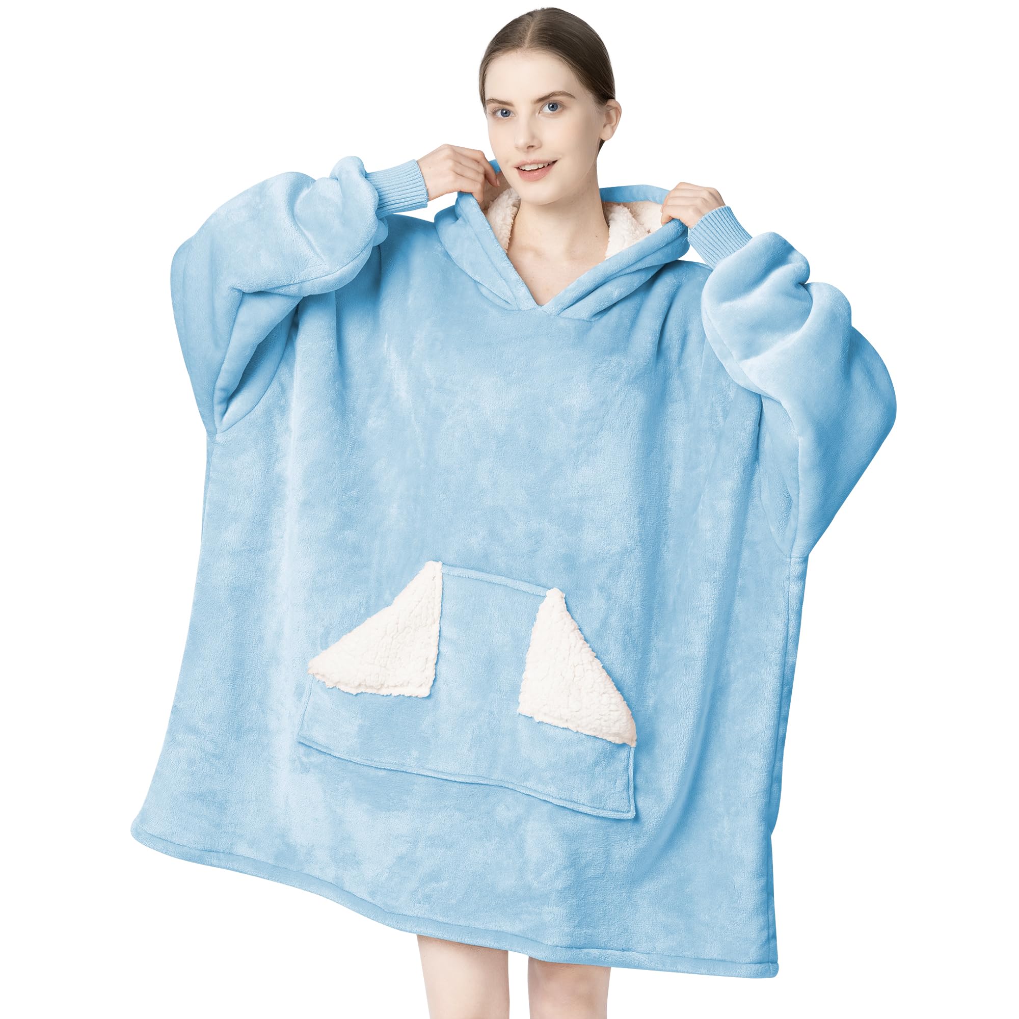 Touchat Wearable Blanket Hoodie, Oversized Sherpa Fleece Sweatshirt Blanket with Giant Hood Pocket and Sleeves for Adult, Warm & Cozy Grey Blanket Gifts for Women