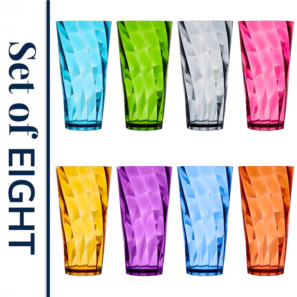 US Acrylic Optix Plastic Reusable Drinking Glasses (Set of 8) 20oz Water Cups in Jewel Tone Colors | BPA-Free Tumblers, Made in USA | Top-Rack Dishwasher Safe