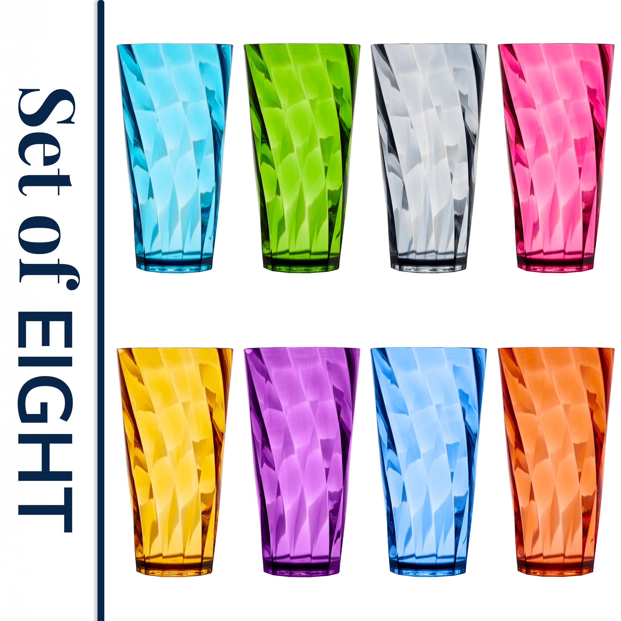 US Acrylic Optix Plastic Reusable Drinking Glasses (Set of 8) 20oz Water Cups in Jewel Tone Colors | BPA-Free Tumblers, Made in USA | Top-Rack Dishwasher Safe