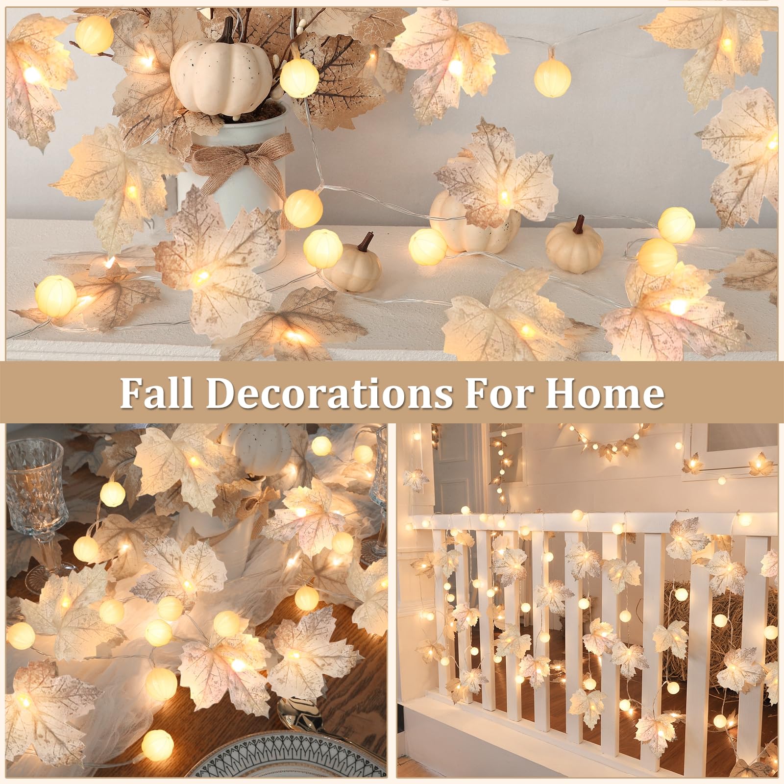 3 Pack Fall Decor Fall Garland with Pumpkin Lights&Enlarged Maple Fall String Lights Pumpkin Decor, 30Ft 60LED Waterproof Battery Operated Christmas Halloween Thanksgiving Fall Decorations for Home