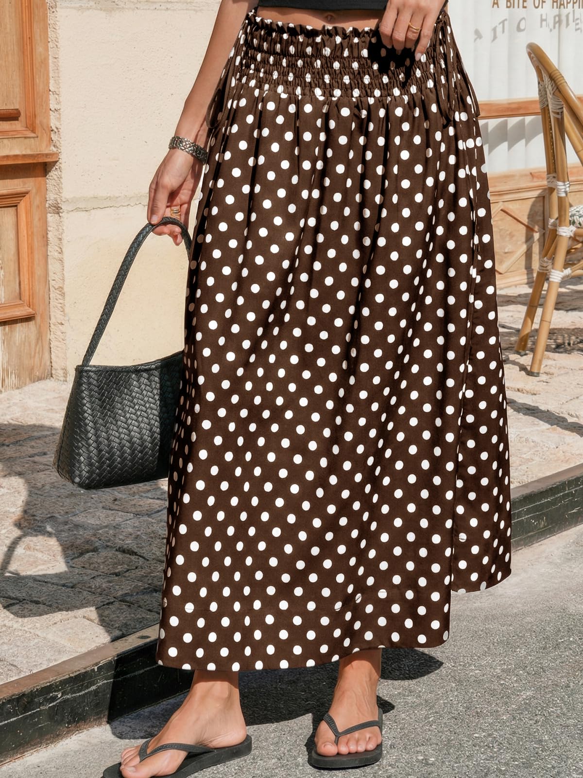 Tankaneo Womens Polka Dot Maxi Skirts Boho Smocked High Waisted Tie Skirt Casual Beach Vacation Dress