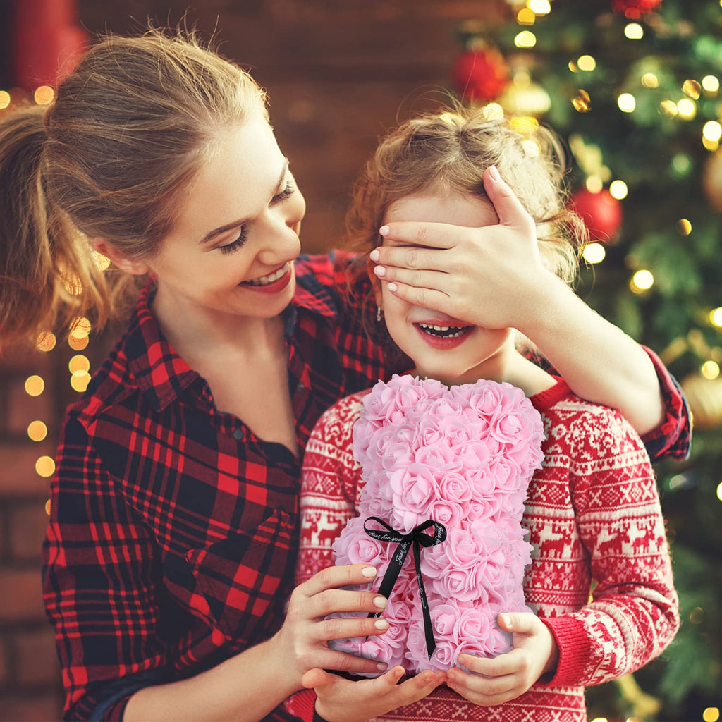 Rose Bear Mother's Day Flower Gifts for Mom Grandma, Rose Teddy Bear with Lights, Cute Teddy Flower Bear, Cute Romantic Present for Wife Girlfriend with Transparent Gift Box and Love Card