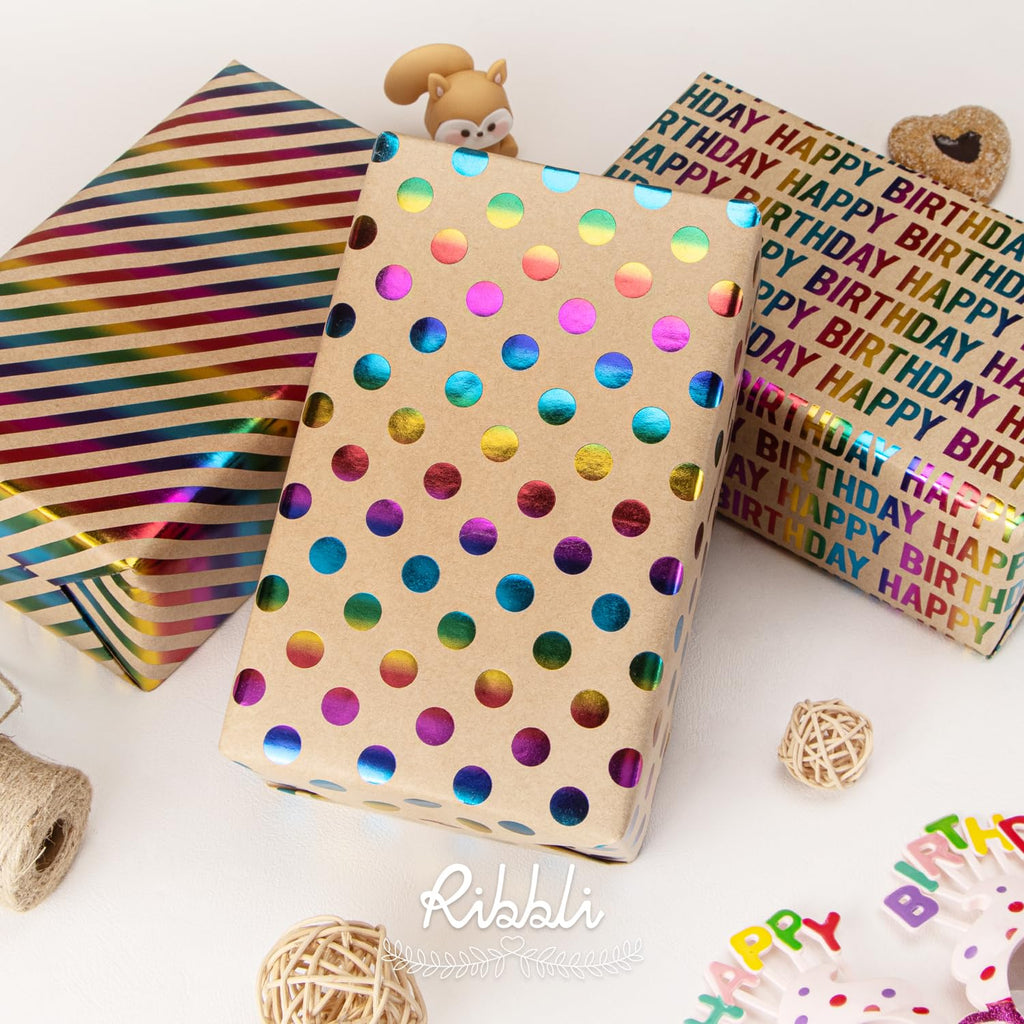 Ribbli Birthday Wrapping Paper Iridescent Gift Wrapping Paper Mini Roll, 3 Rolls Happy Birthday Polka Dots Stripes Printed Assortment - 17 inch x 120 inch(10feet) Per Roll
