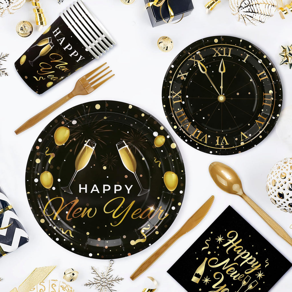 168pcs Happy New Year Party Supplies, Black and White Paper Plates Napkins Cups and Transparent Gold Cutlery for 24 Guests, 2026 New Year Disposable Tableware Supplies for Party Decorations