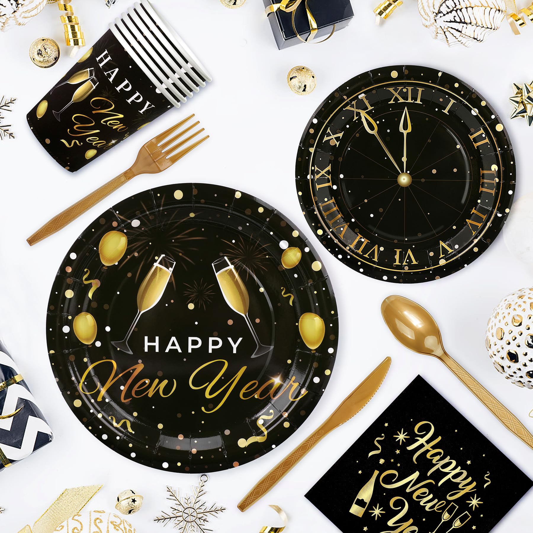 168pcs Happy New Year Party Supplies, Black and White Paper Plates Napkins Cups and Transparent Gold Cutlery for 24 Guests, 2026 New Year Disposable Tableware Supplies for Party Decorations