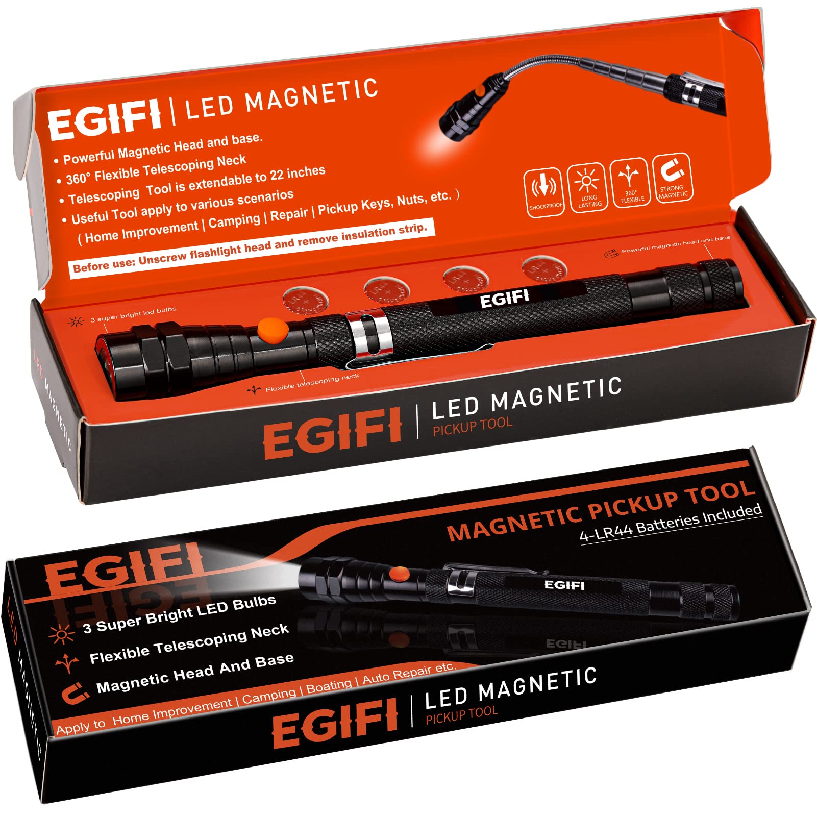 Telescoping Magnetic Pickup Tool Set with 1 & 15 lb Pick Up Sticks, Round and Square Adjustable Inspection Mirror and Flexible LED Flashlight, Fathers Day Dad Gifts for Men, Dad, Husband