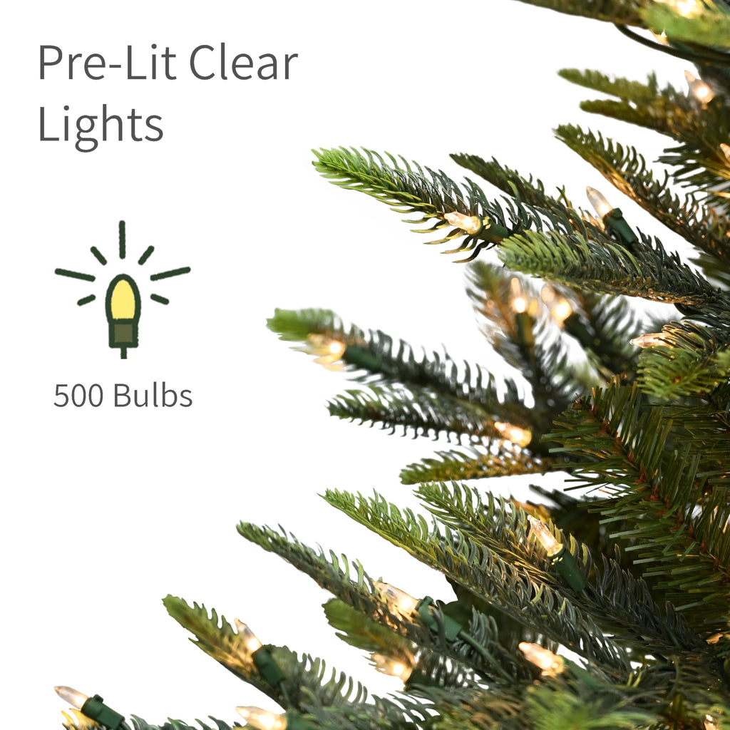 Puleo International 7.5ft Pre-Lit Aspen Fir Artificial Christmas Tree with 700 Clear Lights, 1319 Realistic Dense Branch Tips, Easy Setup Artificial Trees with Sturdy Metal Stand