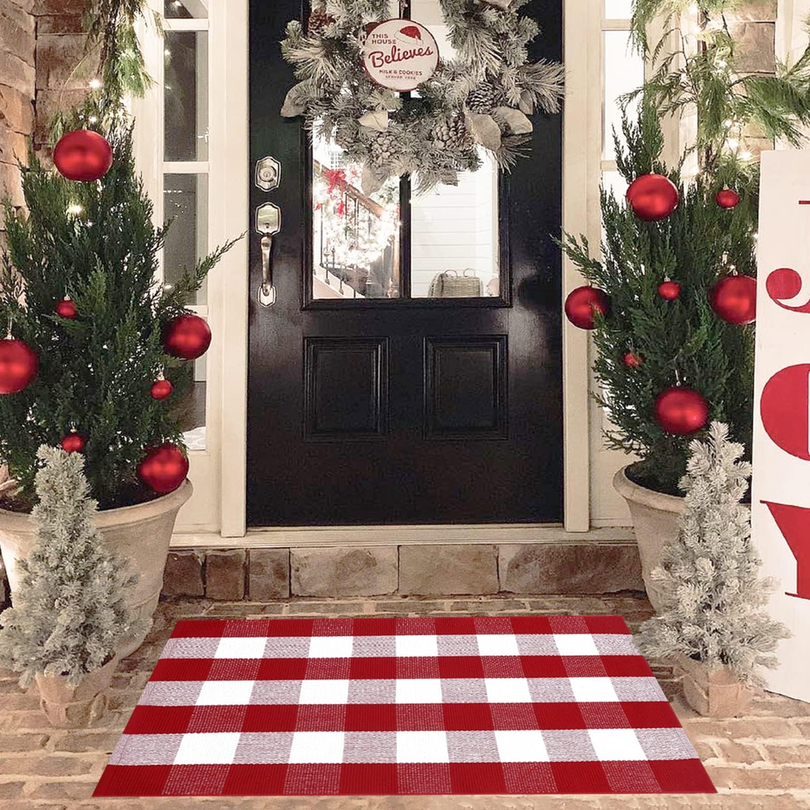 Orange and Black Plaid Rug, 28'' x 43'' Fall Outdoor Front Door Decor Mat, Cotton Washable Hand-Woven Rug for Layered Doormat, Autumn Halloween Thanksgiving Carpet for Porch, Entryway