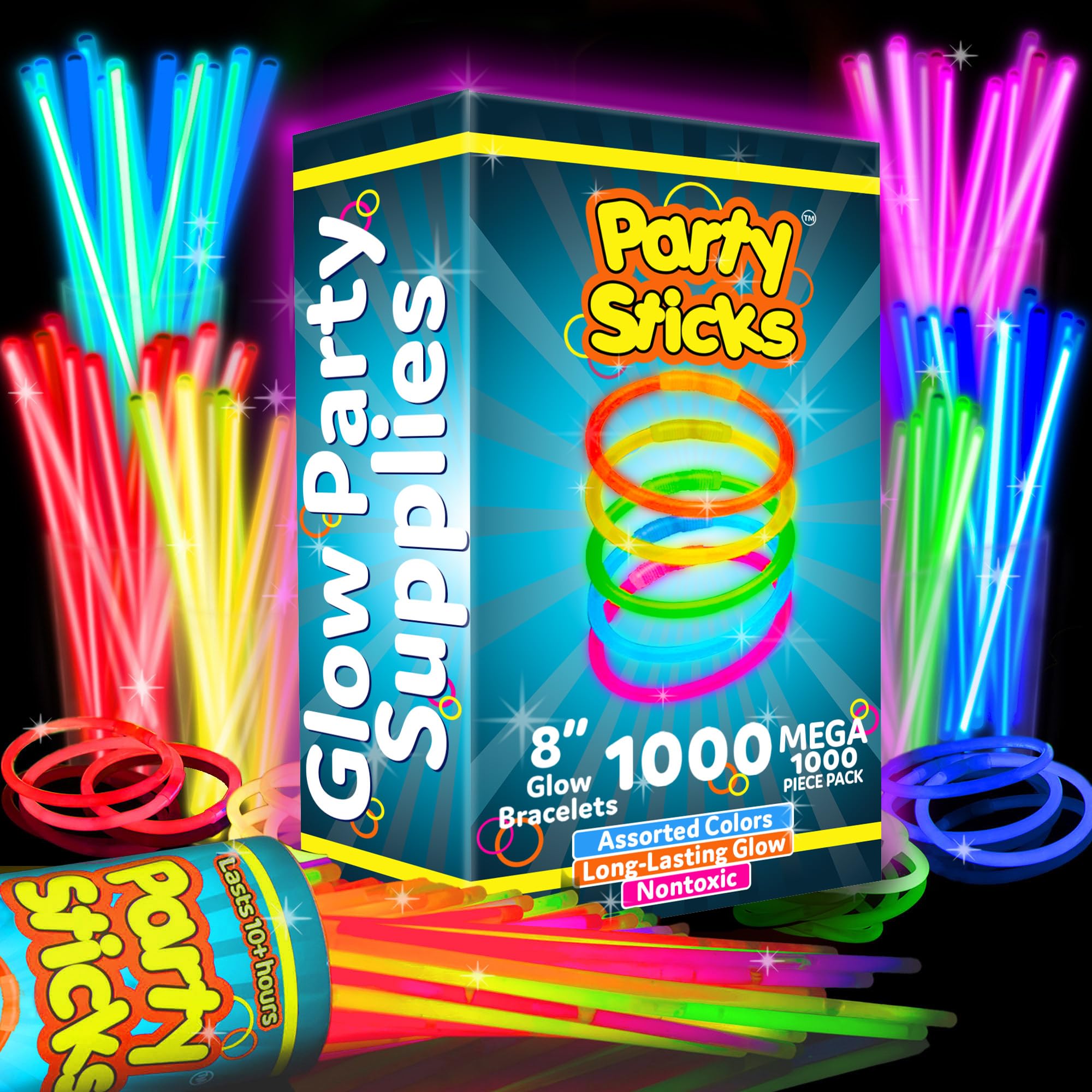 Party Sticks Glow Sticks Jewelry Bulk Party Favors 300pk and Connectors - 8" Glow in the Dark Party Supplies, Neon Party Glow Necklaces and Glow Bracelets for Kids and Adults