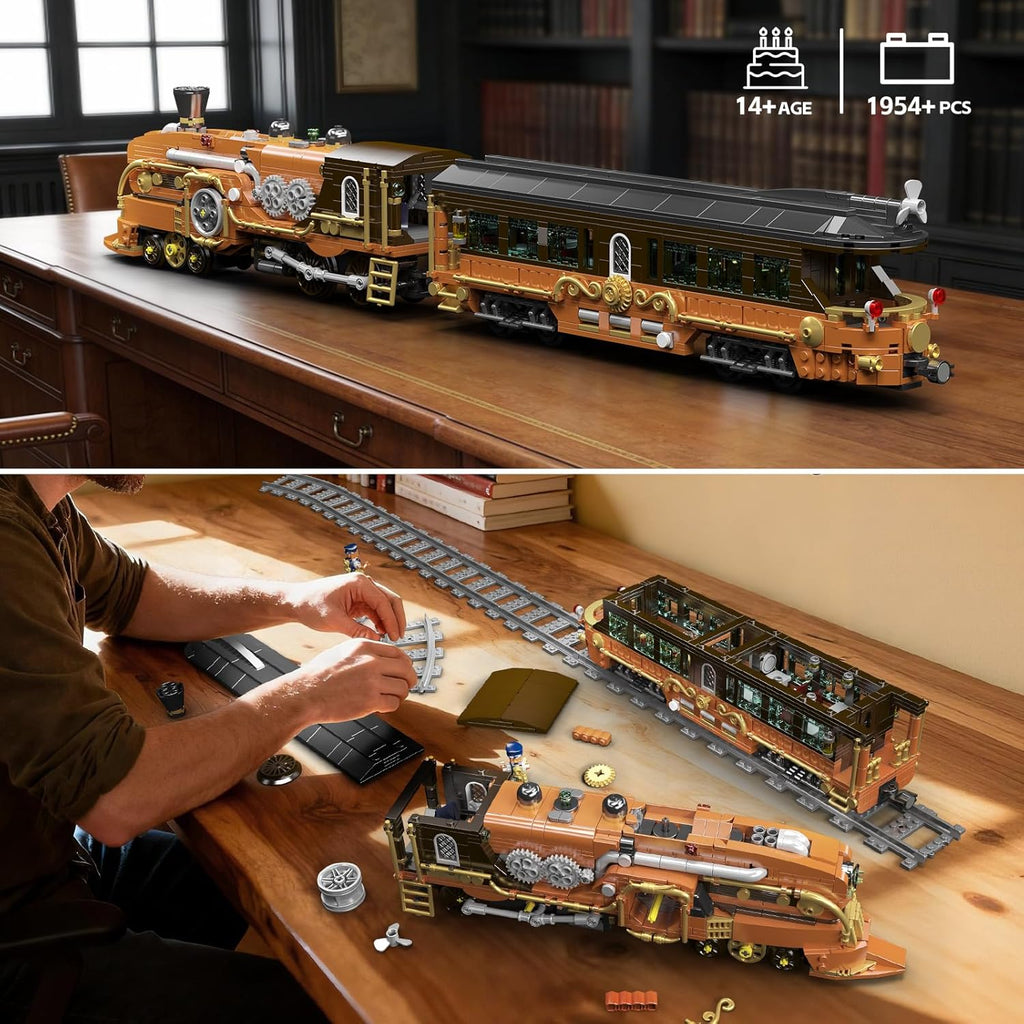 Mould King 12046 Steampunk Train Building Set, Remote/App Control Locomotive Model Kit with Tracks, Engineering Building Kit for Adults Teen(1954 PCS)