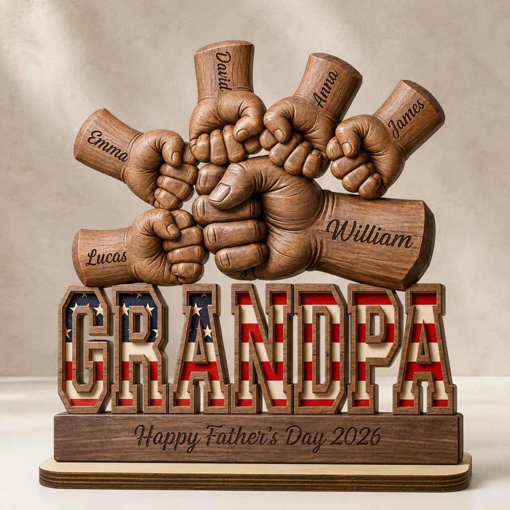 Personalized Fist Bump Dad and Kids Name Wooden Plaque, Custom Fathers Day Plaque for Dad Grandpa, Customized Sign Decorations for Daddy, Grandpa, Heartfelt Father's Day Birthday Gifts for Husband