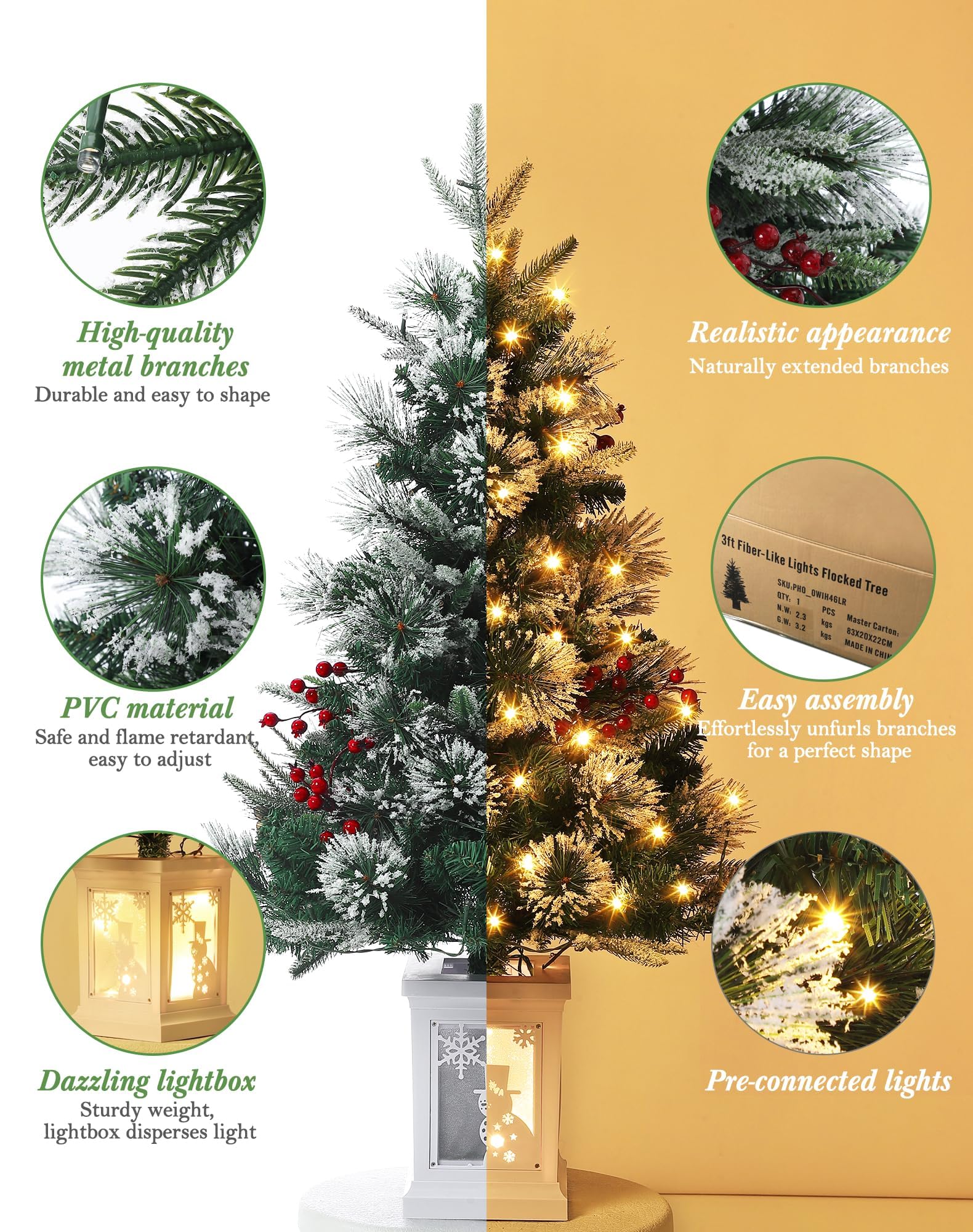 3FT Prelit Premium Snow Flocked Artificial Christmas Tree with Warm White LED, Mini Prelit Xmas Pine Tree for Christmas Decoration,Yard,Home,Office,Outdoor,Indoor,8 Mode Snowflake White Base- 1PC