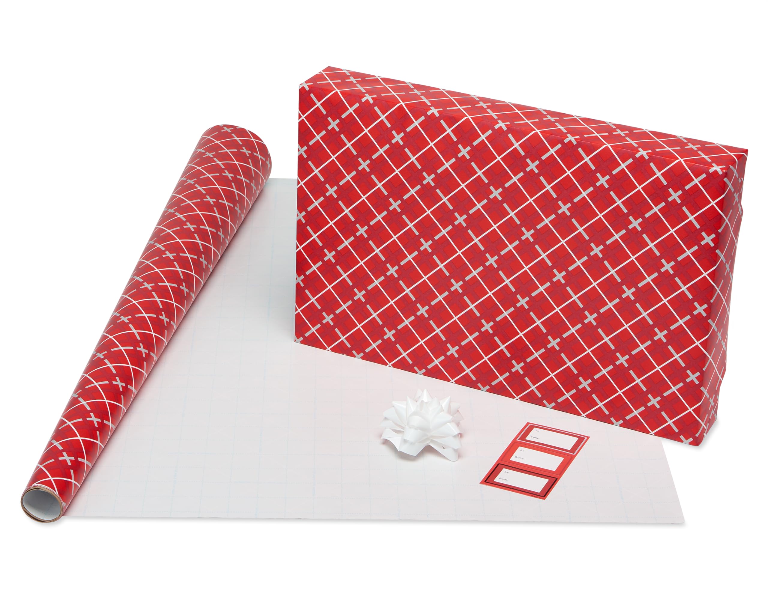 American Greetings Christmas Wrapping Paper, Red and Black Buffalo Plaid Holiday Gift Wrap Set (120 sq.ft., 4 rolls-30 in. x 12 ft., 7 Adhesive Bows, 30 Gift Tag Stickers) Rustic, Snowflakes, Reindeer